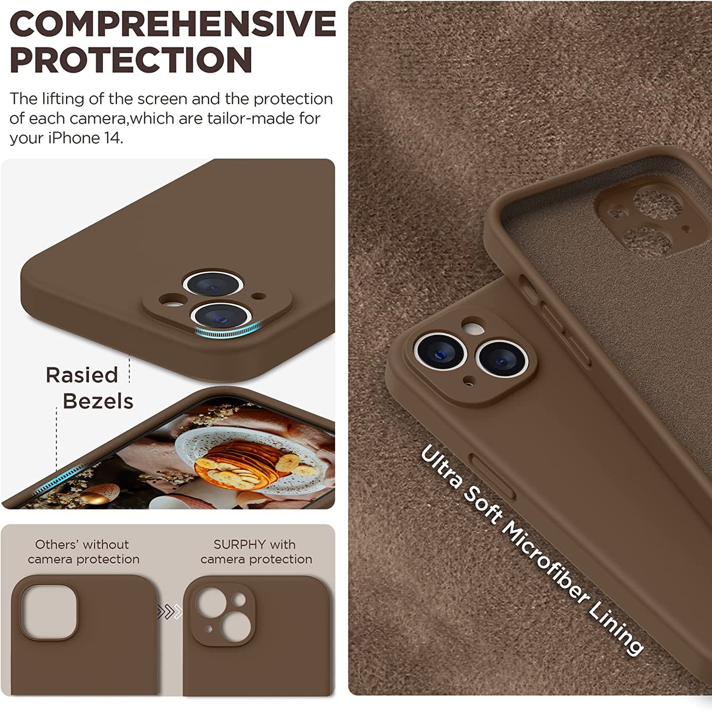 SURPHY Compatible with Iphone 14 Case with Screen Protector (Camera Protection + Soft Microfiber Lining) Liquid Silicone Phone Case 6.1 Inch 2022, Brown  SURPHY   