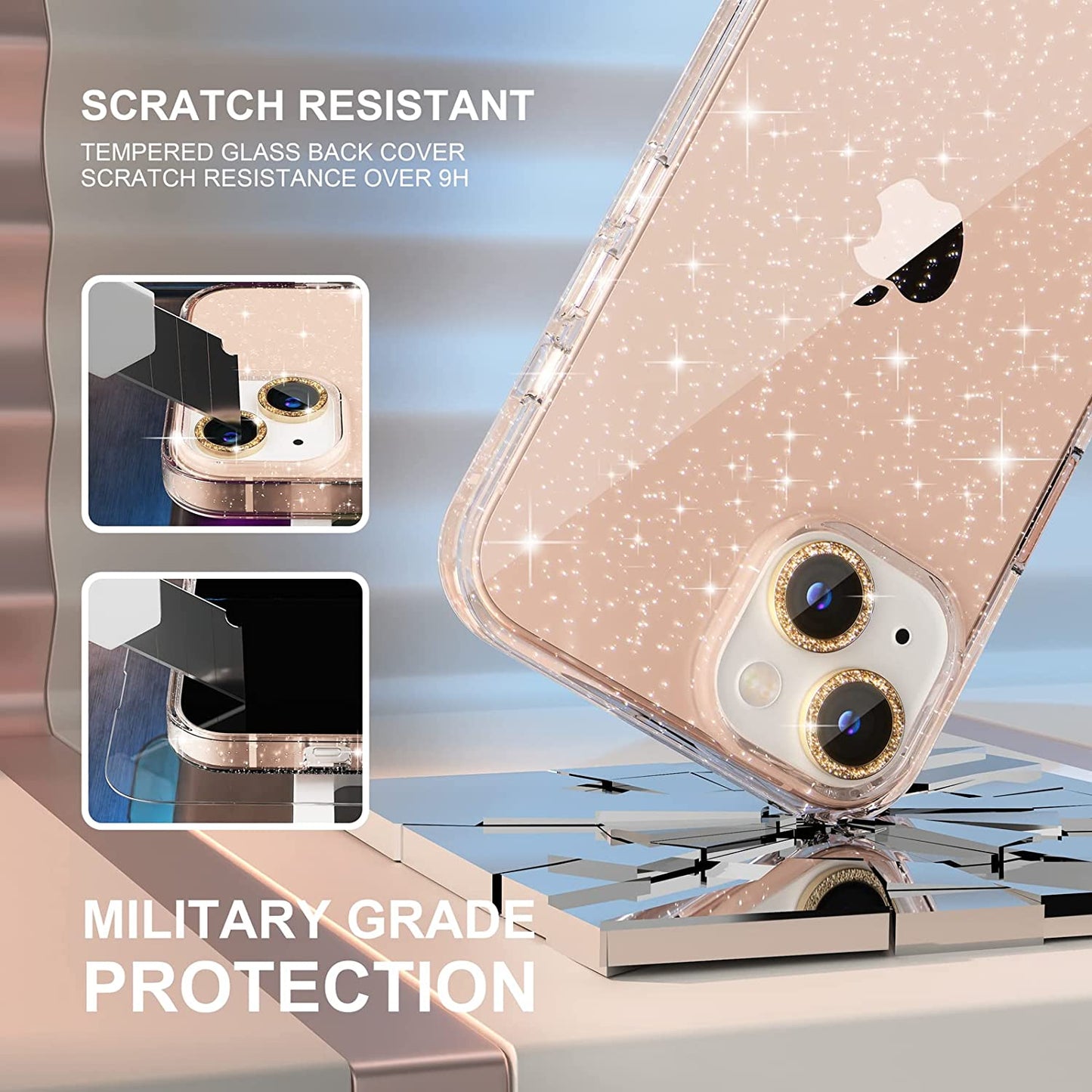 Choiche Compatible for Iphone 14 Case Cute, Women Clear Glitter Bling Sparkly Case, [2 X Diamond Camera Lens Protectors] [2 X Tempered Glass Screen Protectors] 6.1-Inch (Glitter Gold)  Choiche   
