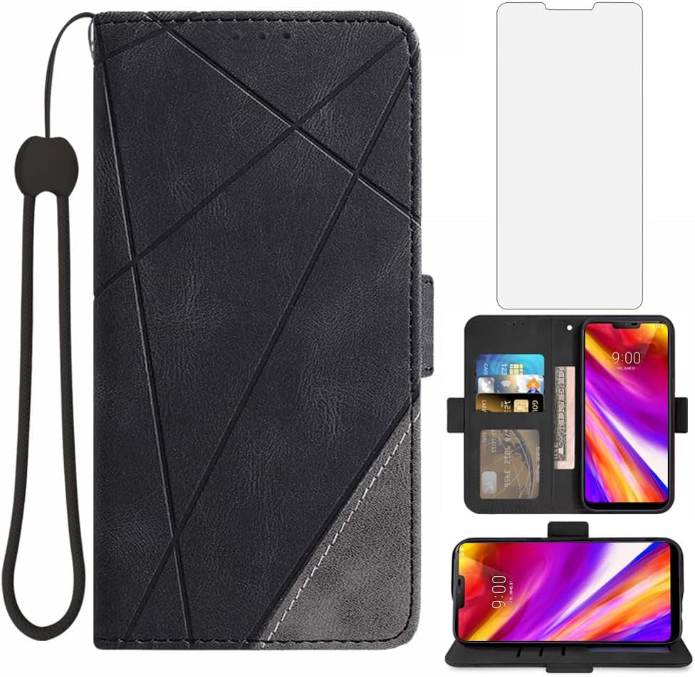 Asuwish Compatible with LG G7 Thinq Wallet Case and Tempered Glass Screen Protector Flip Cover Card Holder Cell Phone Cases for LGG7 One G 7 plus LG7 Fit Lg7Thinq 7G Thin Q G7+ G7Thinq Lgg7Thinq Black  Asuwish   