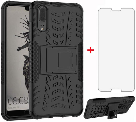 Phone Case for Huawei P20 with Tempered Glass Screen Protector Cover and Stand Kickstand Hard Rugged Hybrid Heavy Duty Protective Cell Accessories Hwauei Hawaii P 20 20P EML-L09 EML-L29 Cases Black  Asuwish   
