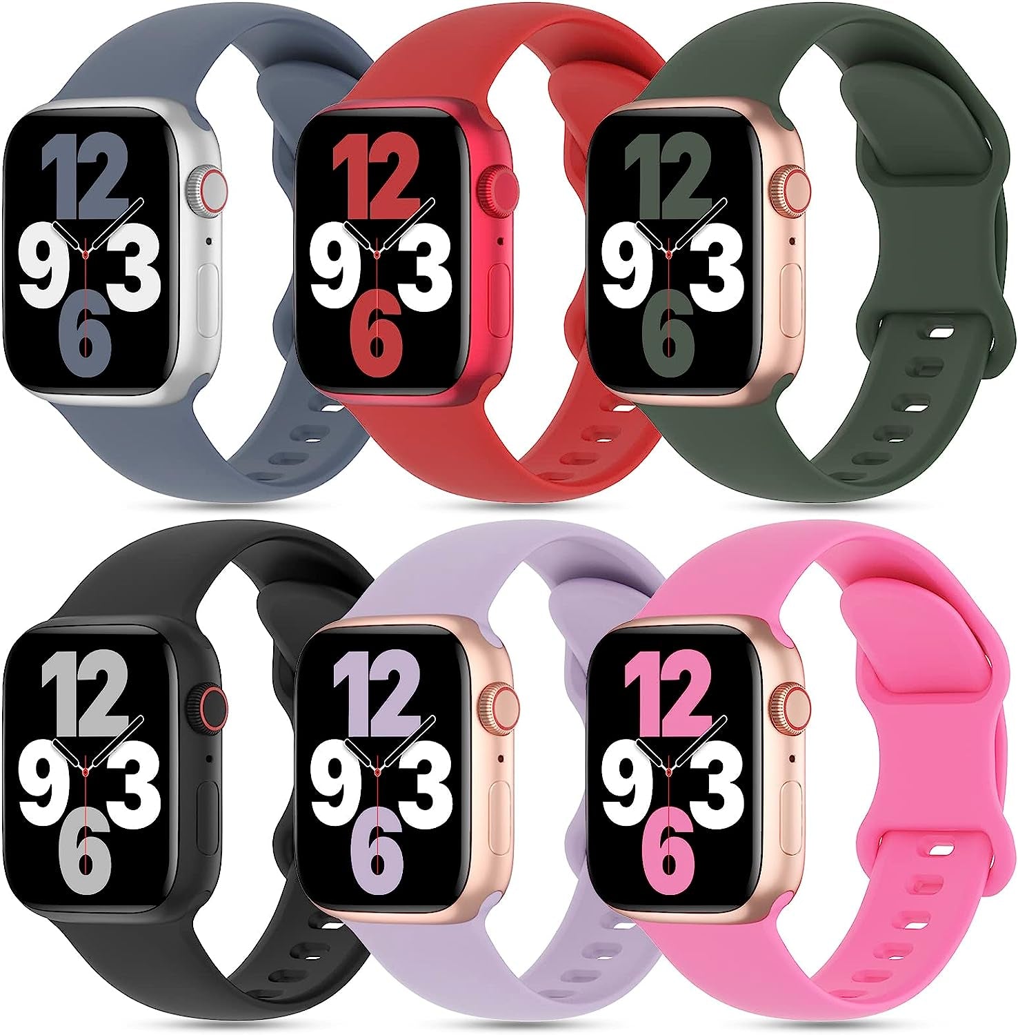 6 Pack Silicone Bands Compatible with Apple Watch Band 38Mm 40Mm 41Mm 42Mm 44Mm 45Mm 49Mm, Soft Sport Waterproof Strap Replacement Wristband for Iwatch Ultra Series 8 SE 7 6 5 4 3 2 1 Women Men  Slimband Blue Grey/Red/Clover/Black/Lavender/Hot pink 42mm/44mm/45mm/49mm 