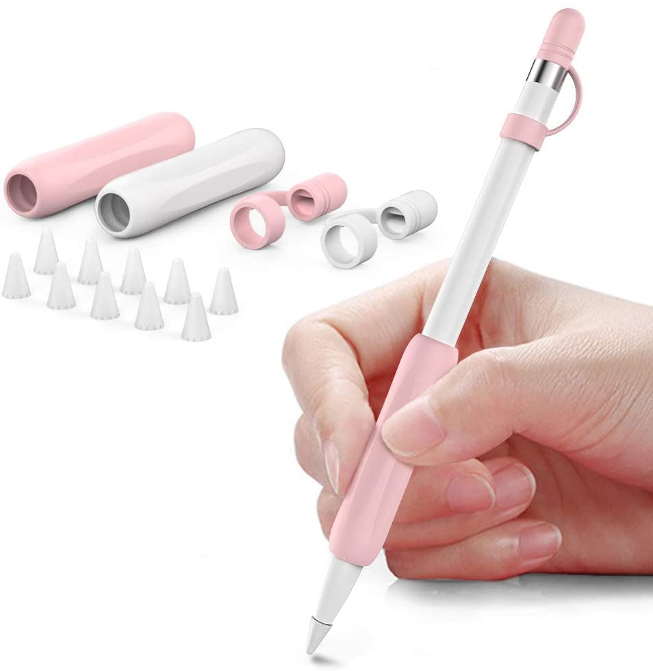 Delidigi 2 Pack Ipencil Grip Ergonomic Sleeve with Anti-Lost Replacement Cap plus Tips Cover Accessories Set Compatible with Apple Pencil 1St Generation (White, Pink)  Delidigi   