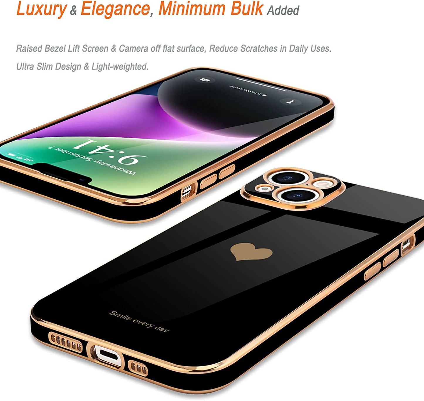 Teageo for Iphone 14 Case for Women Girl Cute Love Heart Luxury Electroplate Plating Soft Bling Back Cover Raised Full Camera Protection Bumper Silicone Shockproof Phone Case for Iphone 14, Black  janzee   