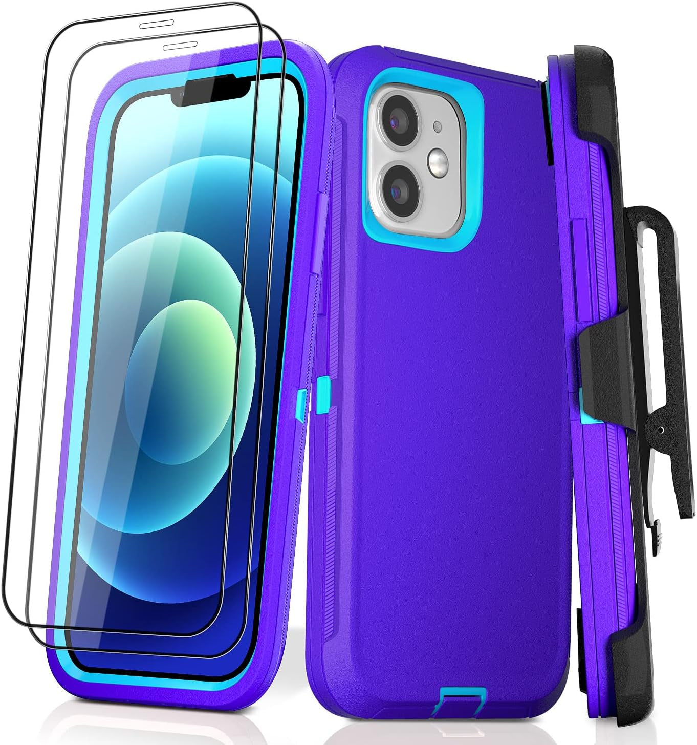 DHCALL for Iphone 12 Case & Iphone 12 Pro Case (6.1"), with 2 Tempered Glass Screen Protector,Belt Clip Holster, [Full Body Drop Protection] Shockproof Tough Durable 6.1 Inch（Black Green+Clip）  DHCALL   