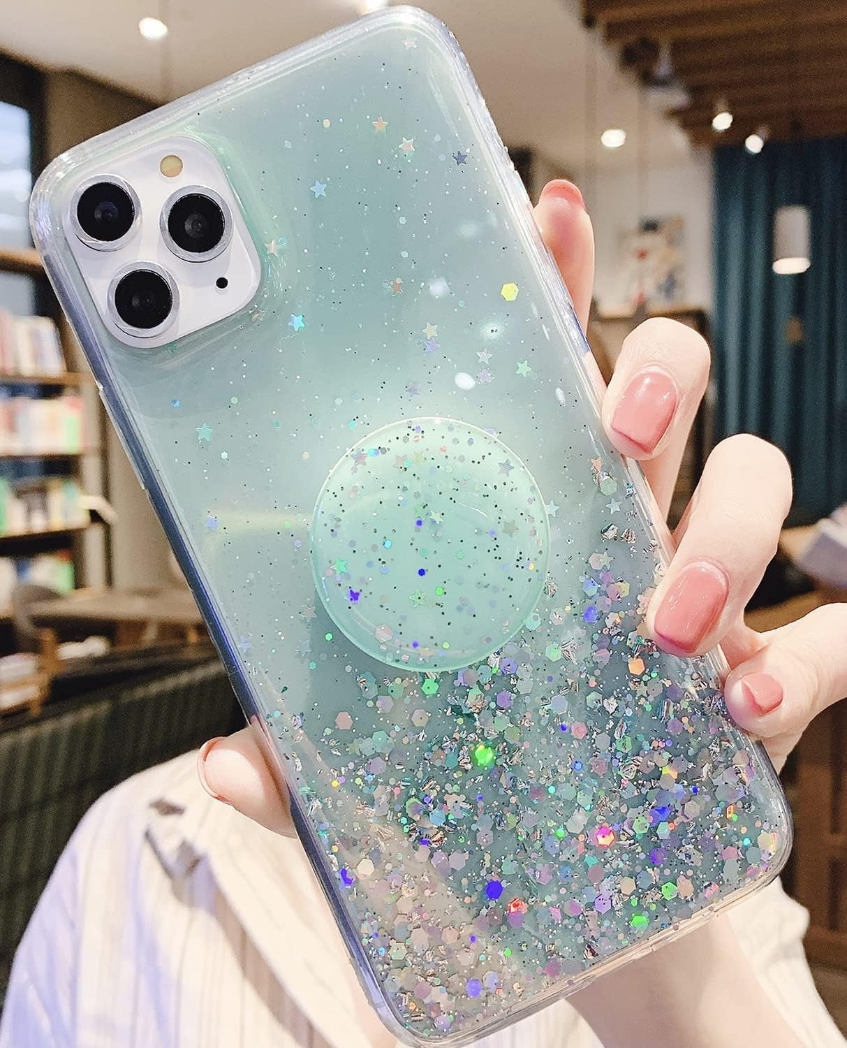 Winzizo Designed for Iphone 12 Pro Max Case Women Girls Glitter Sparkle Bling Cute Cases with Ring Kickstand Soft Phone Protective Shell Phone Cover for Iphone 12 Pro Max 6.7 Inch (Green)  Winzizo   