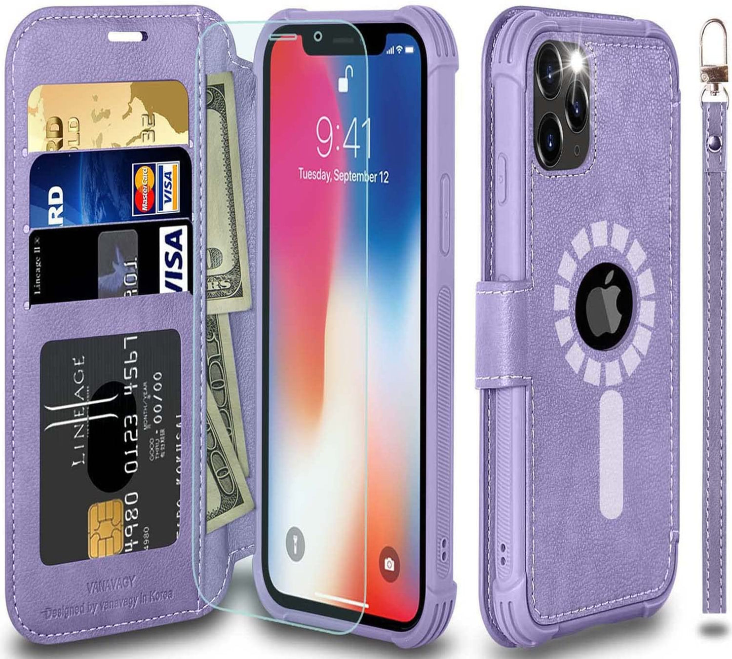 VANAVAGY Iphone 13 Pro Wallet Case Magsafe,Leather Flip Folio Phone Cover Supports Magsafe and Wireless Charging with RFID Block Card Holder and Wrist Strap,Rosegold  VANAVAGY Clove Purple(Not for 13 Pro Max or iPhone 13)  