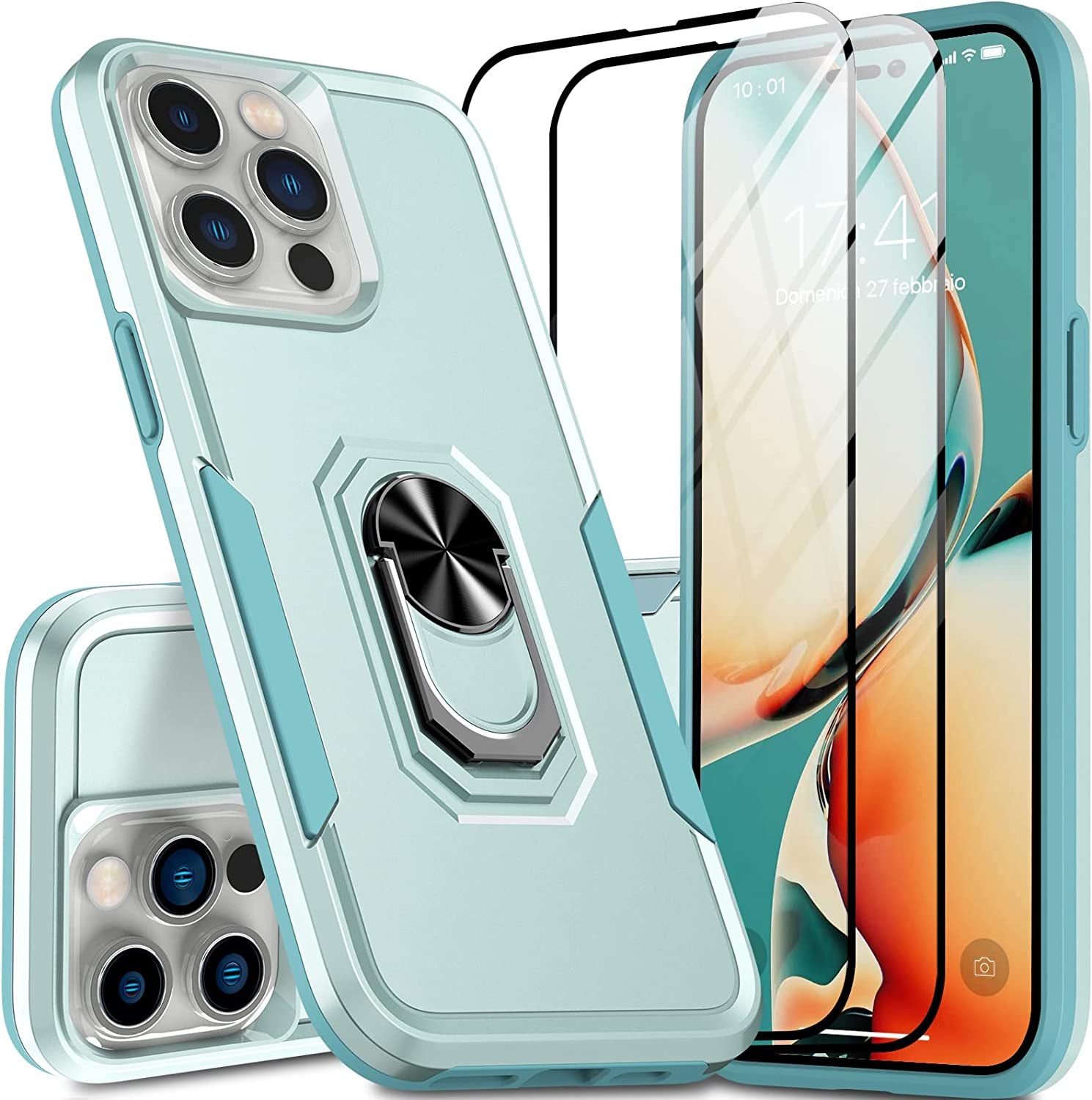 Oterkin for Iphone 14 plus Case, [4 in 1] Iphone 14 plus Phone Case with [2Pcs 9H HD Tempered Glass Screen Protectors][360°Rotatable Stand Ring][10Ft Military Grade] Case for Iphone 14 plus (Pink)  Oterkin Blue Iphone 14 Pro 