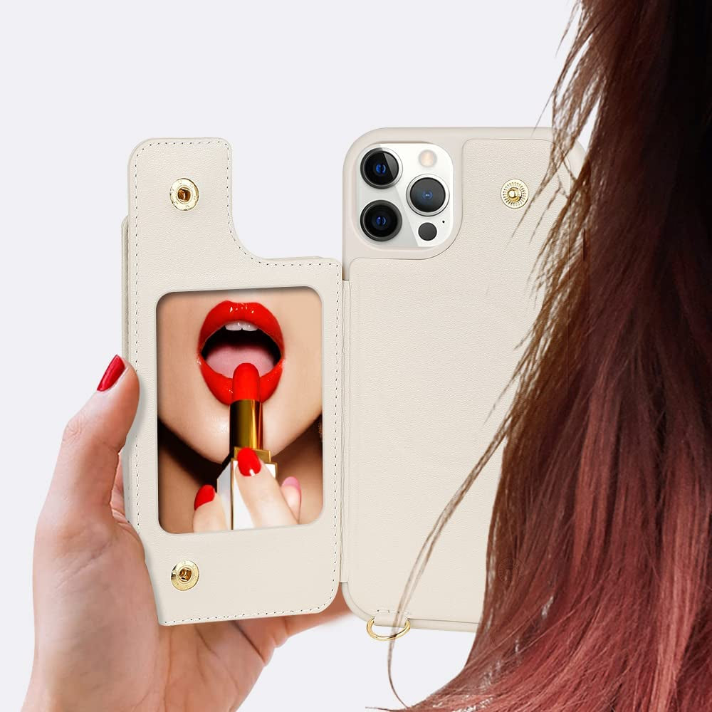 LAMEEKU Magsafe Wallet Case Compatible with Iphone 13 Pro Max with Crossbody, Leather Case with Card Holder 360°Rotation Ring Kickstand Cover with Mirror Designed for Iphone 13 Pro Max 6.7'' Beige  LAMEEKU   