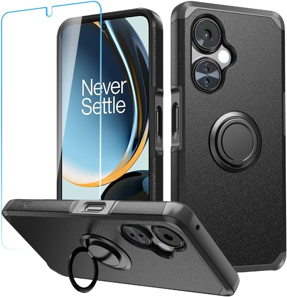 Hrwireless Compatible for Oneplus Nord N30 5G [Ring Stand] Case Cover [360 Rotation] with [HD Tempered Glass Screen Protector] Tough Hybrid [Shockproof] Original Minimalistic Design for Protection  HRWireless   