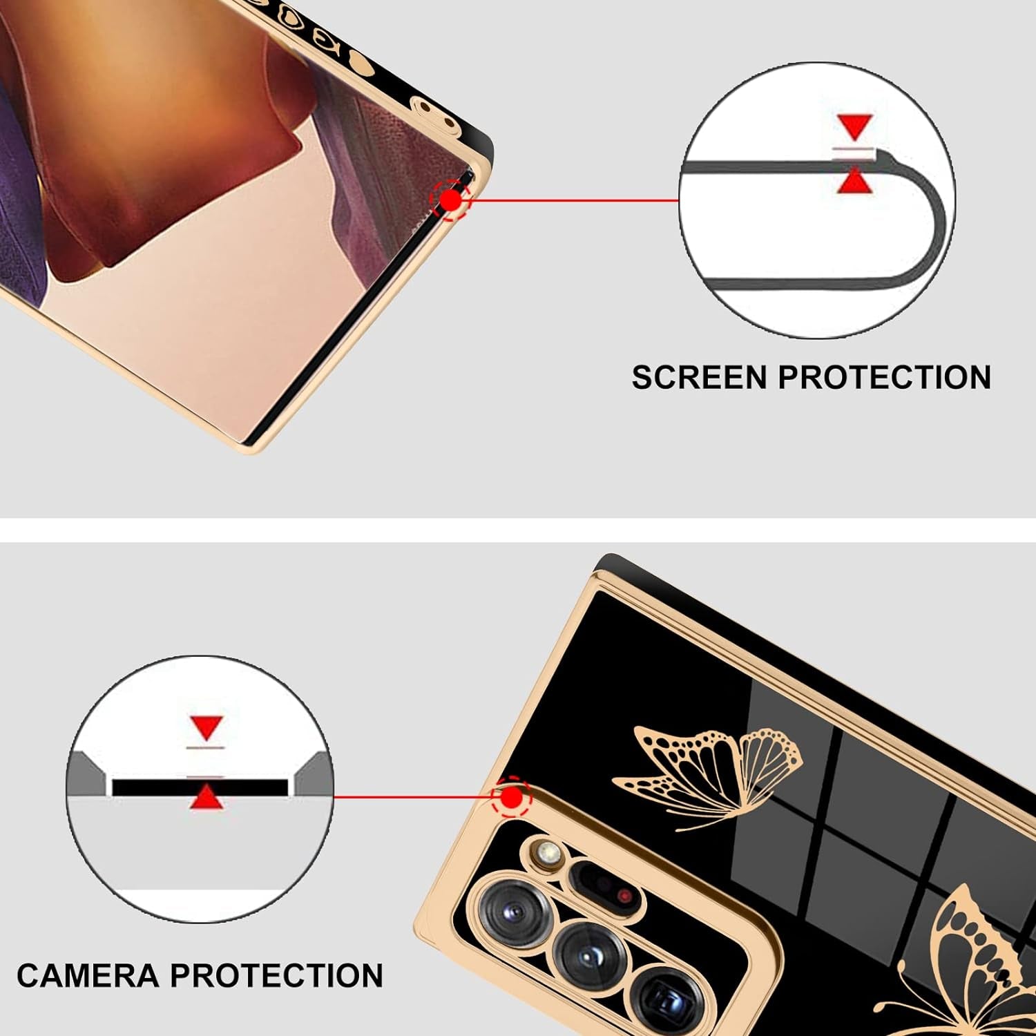 Jefonha for Samsung Galaxy Note 20 Ultra 6.9 Inch Plating Cute Butterflies Cover with Screen Protector Cute Side Pattern Soft TPU Shockproof Full Camera Lens Protection Electroplated Case - Black  Jefonha   