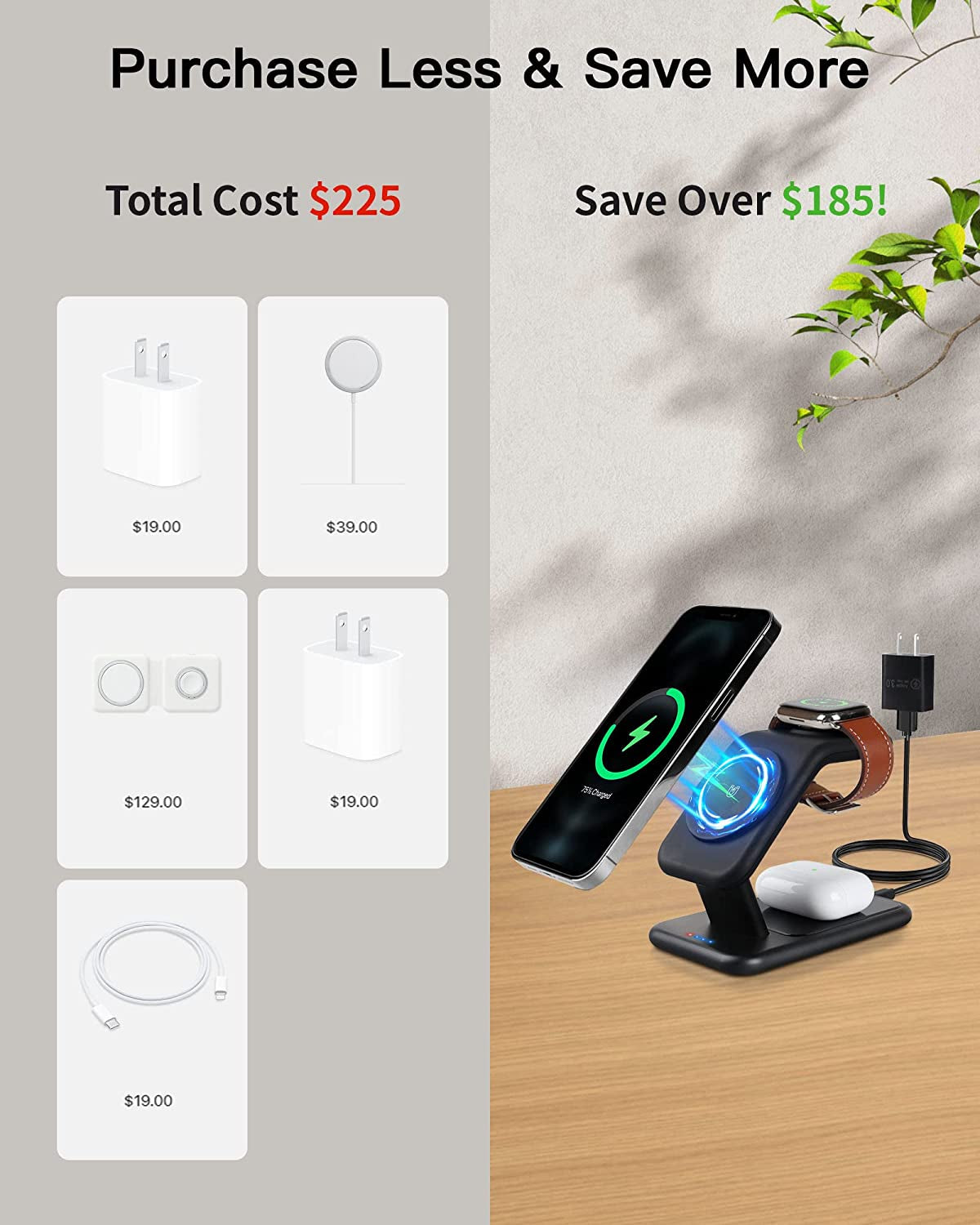 3-In-1 Magsafe Charger Stand, 18W Fast Magnetic Charger for Iphone 14, 13 & 12 Series - Apple Watch & Airpods, Wireless Charging Station for Multiple Devices with Adapter and LED  Zyerch   