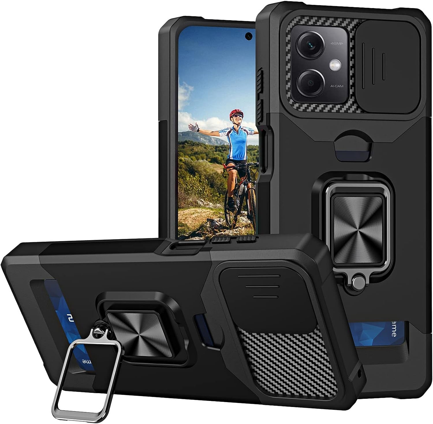 Ysnzaq for Xiaomi Redmi Note 12 5G Case with Card Holder and Sliding Camera (Not 4G), Military Grade Shockproof Protective Phone Cover for Xiaomi Redmi Note 12 5G /Xiaomi Poco X5 YHZH Green  Ysnzaq Black  