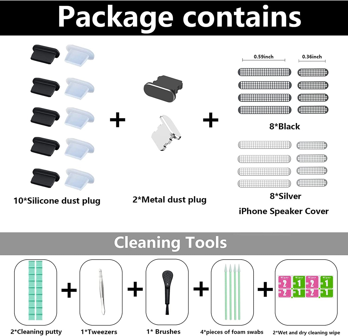 16 PCS Iphone Metal Speaker Dust Cover (8PCS Black and 8PCS Silver) 2PCS Iphone Metal Dust Plug 10PCS Silicone Dust Plugs,With Cleaning Tools Compatible Iphone 12/13 /14 Pro/Pro Max/Iphone Series  Pohgelan   