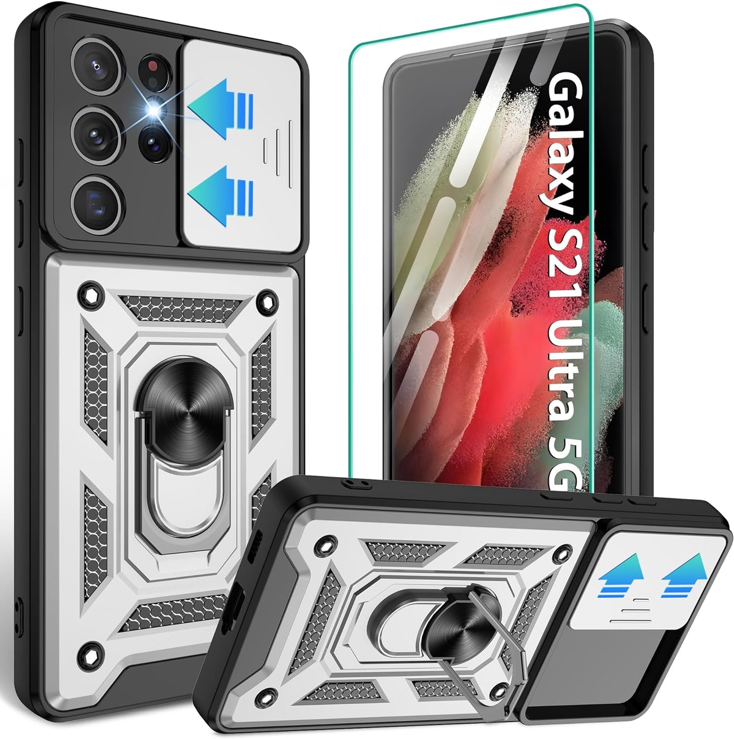 Compatible with Samsung Galaxy S21 Ultra Case,S21 Ultra Case with HD Screen Protector with Slide Camera Cover, 360°Rotation Ring Kickstand [Military Grade] Case for Galaxy S21 Ultra, Rose Gold  Gritup Silver  