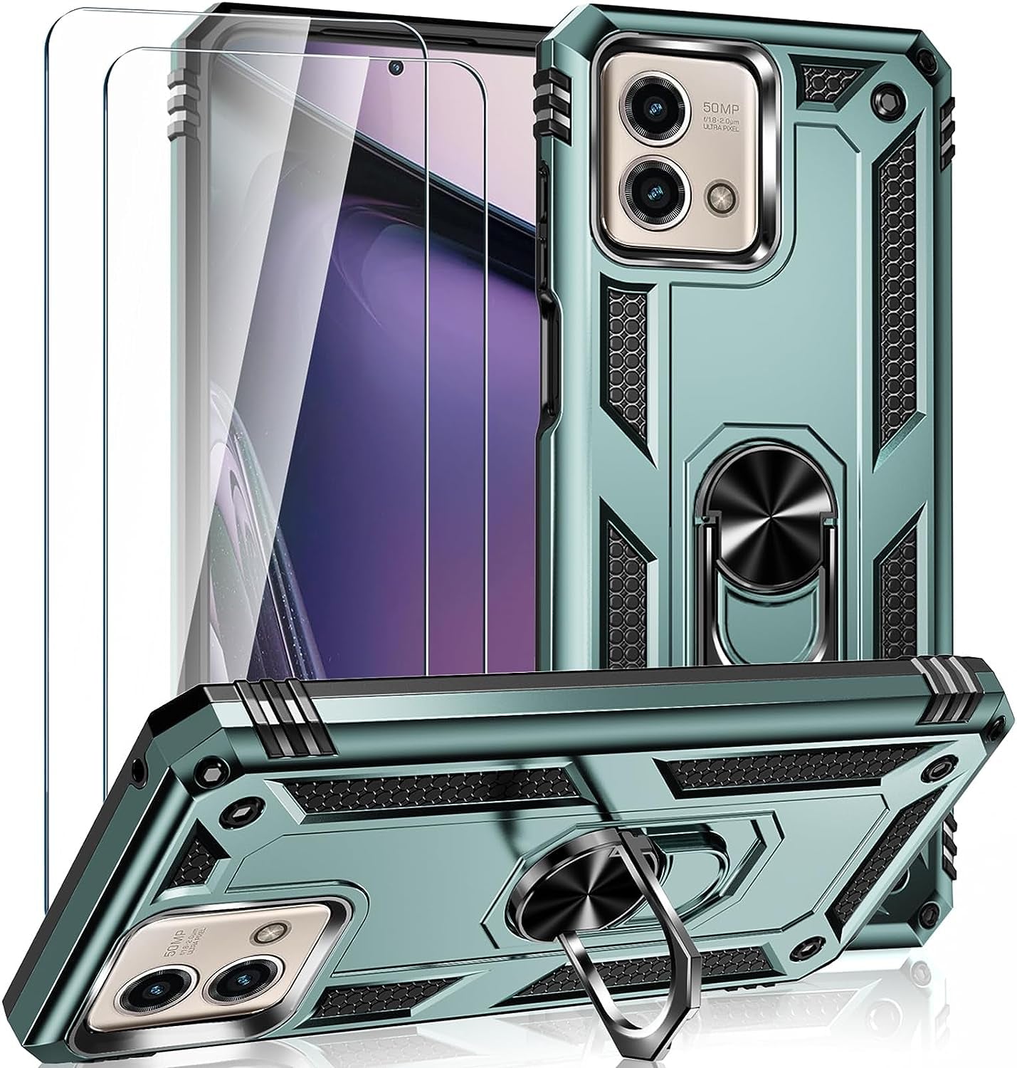 For Motorola Moto G Stylus 5G 2023 Case with 2 Pcs Tempered Glass Screen Protector, [Military-Grade] Rugged Heavy Duty Shockproof Phone Case Cover with Kickstand for Moto G Stylus 5G 2023, Black  Steuscey Dark Green  