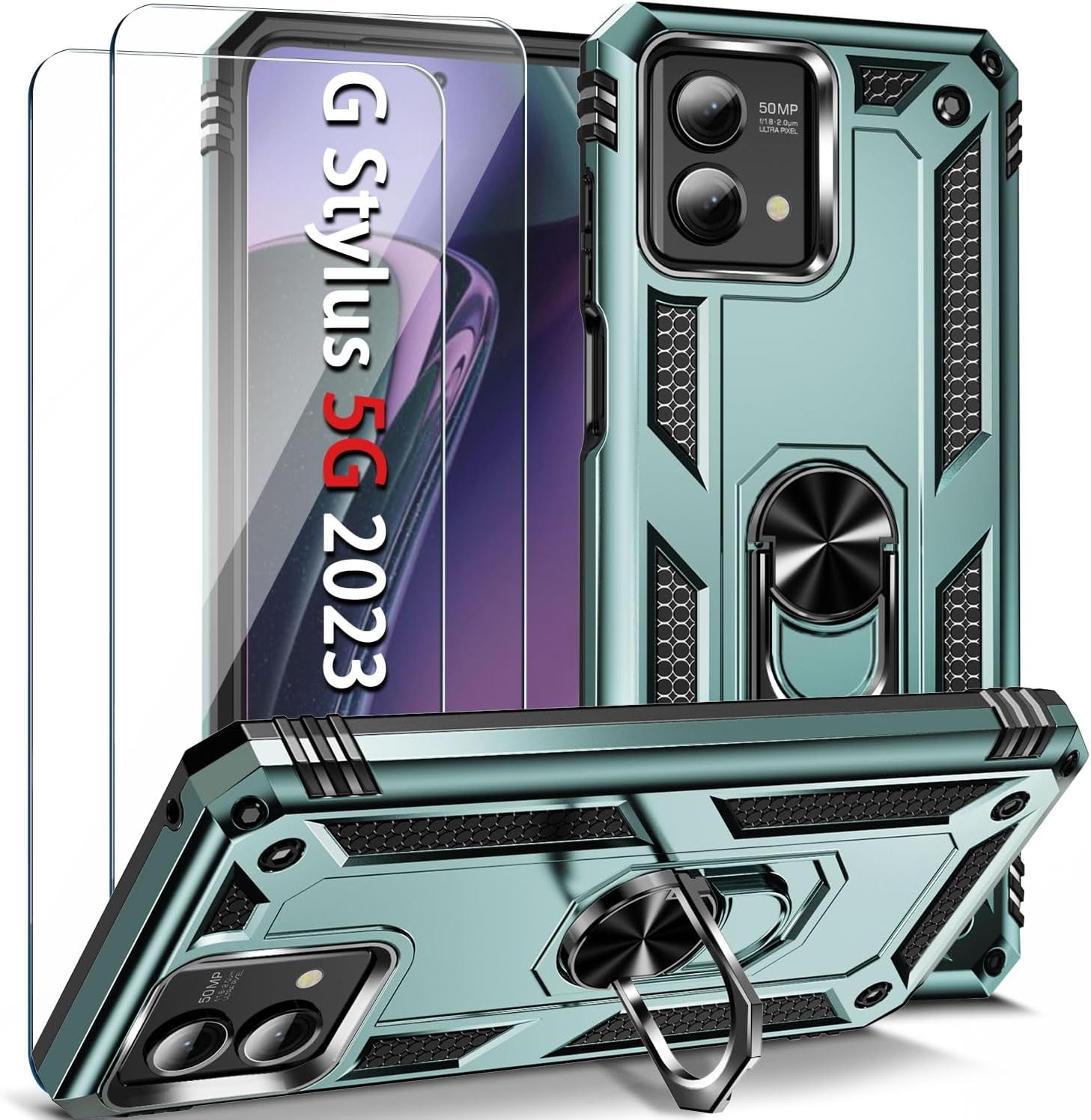 𝟮𝟬𝟮𝟯 𝗡𝗘𝗪 for Moto G Stylus 5G 2023 Case with [2 Packs] Tempered Glass Screen Protector,[Military-Grade] Rugged Full Body Shockproof Case with Kickstand for Motorola Moto G Stylus 5G 2023,Purple  Pevezeda Dark Green  