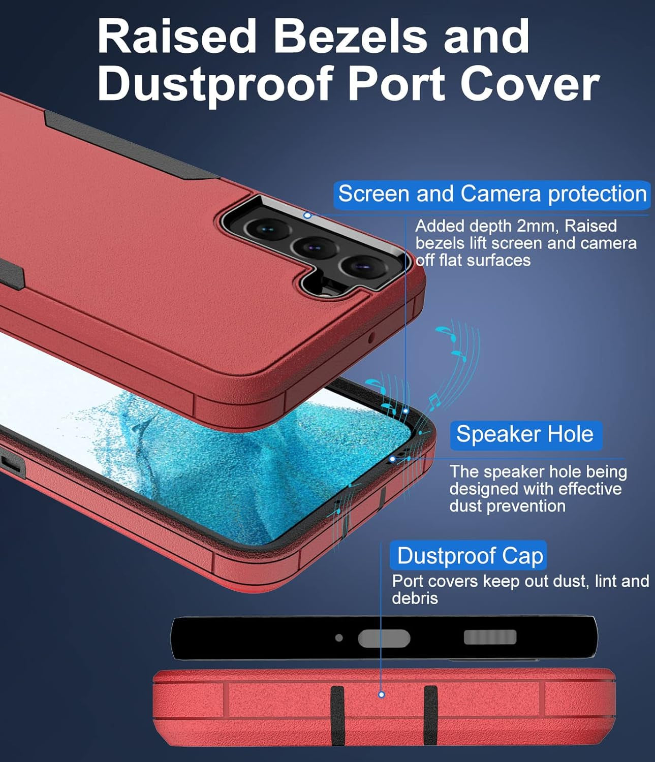 Dahkoiz for Samsung Galaxy S22 Case, Dust-Proof Port Cover, Full Body Durable Silicone Rubber Phone Case for Samsung Galaxy S22 5G, Black/Red  UNISMART INC   