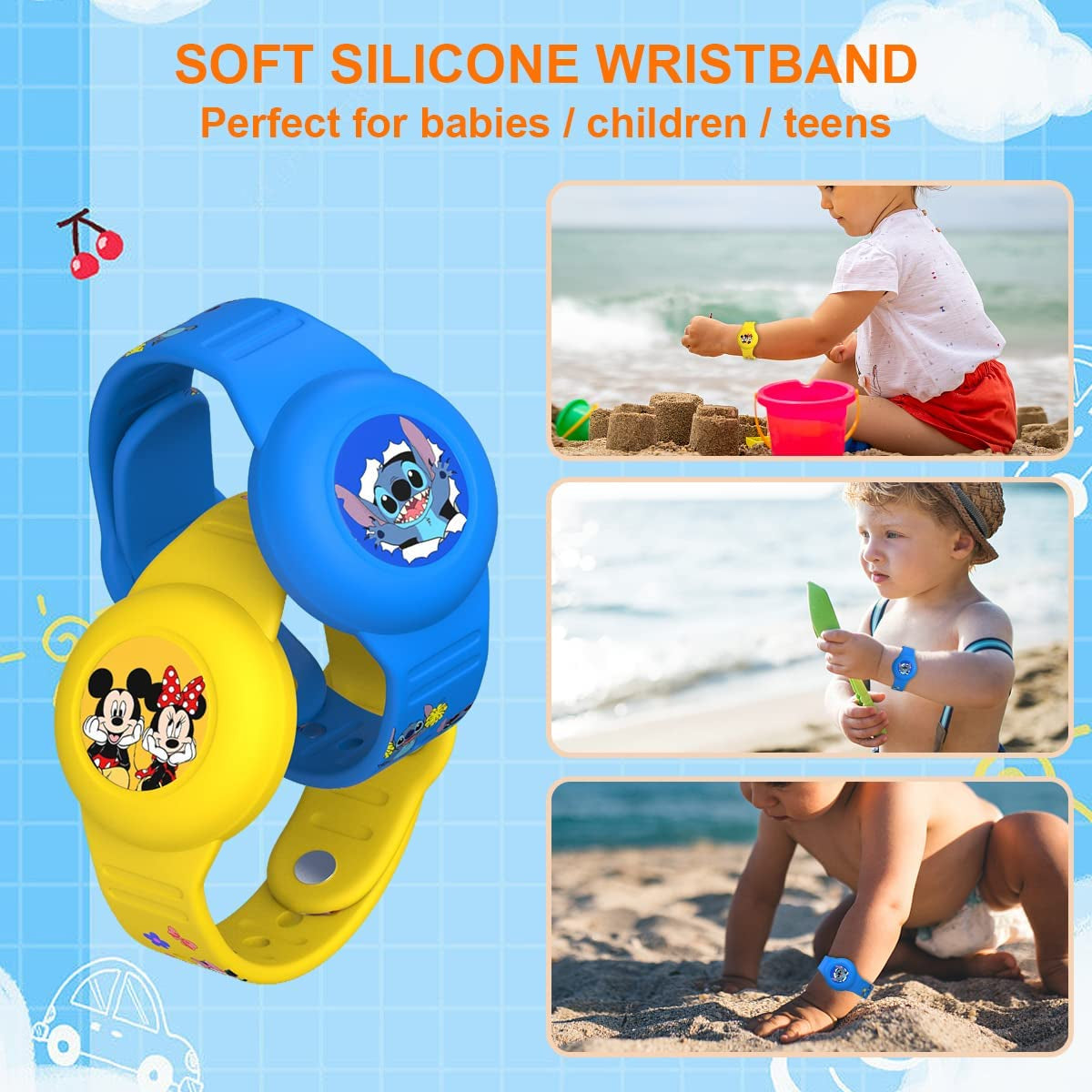 [2Pack] Airtag Kids Bracelet, Cartoon Wristband Adjustable Hidden Watch Band Air Tag Holder for Apple Air Tag, Cute Soft Silicone Anti-Lost Waterproof Case (Blue+Yellow)  ZOICIP   