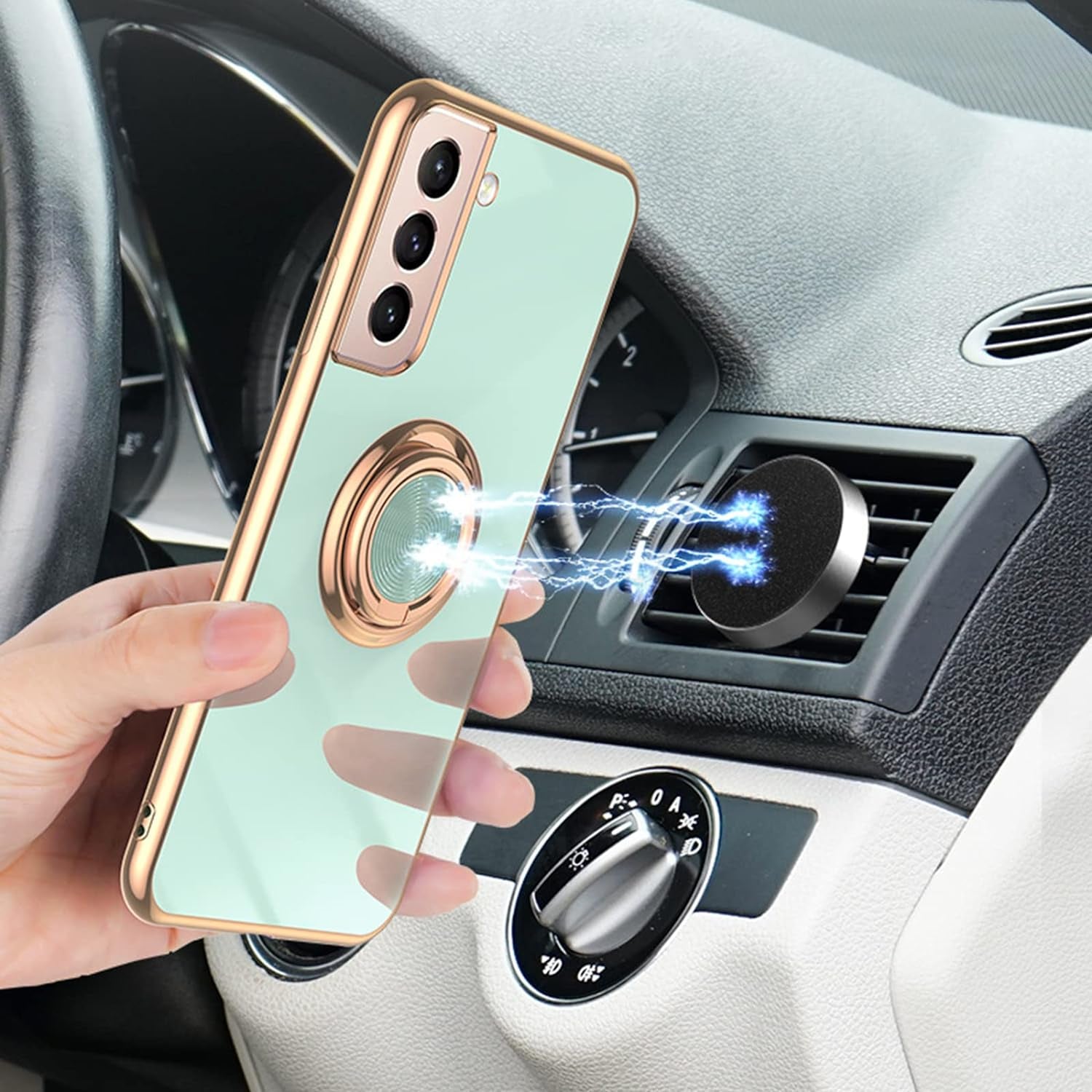 Aowner for Samsung Galaxy S21 Ultra Ring Holder Case Shiny Plating Rose Gold Edge 360 Degree Rotation Kickstand for Women Girls Slim Soft Flexible TPU Protective Cover Case, 6.8 Inch, Teal  aowner   