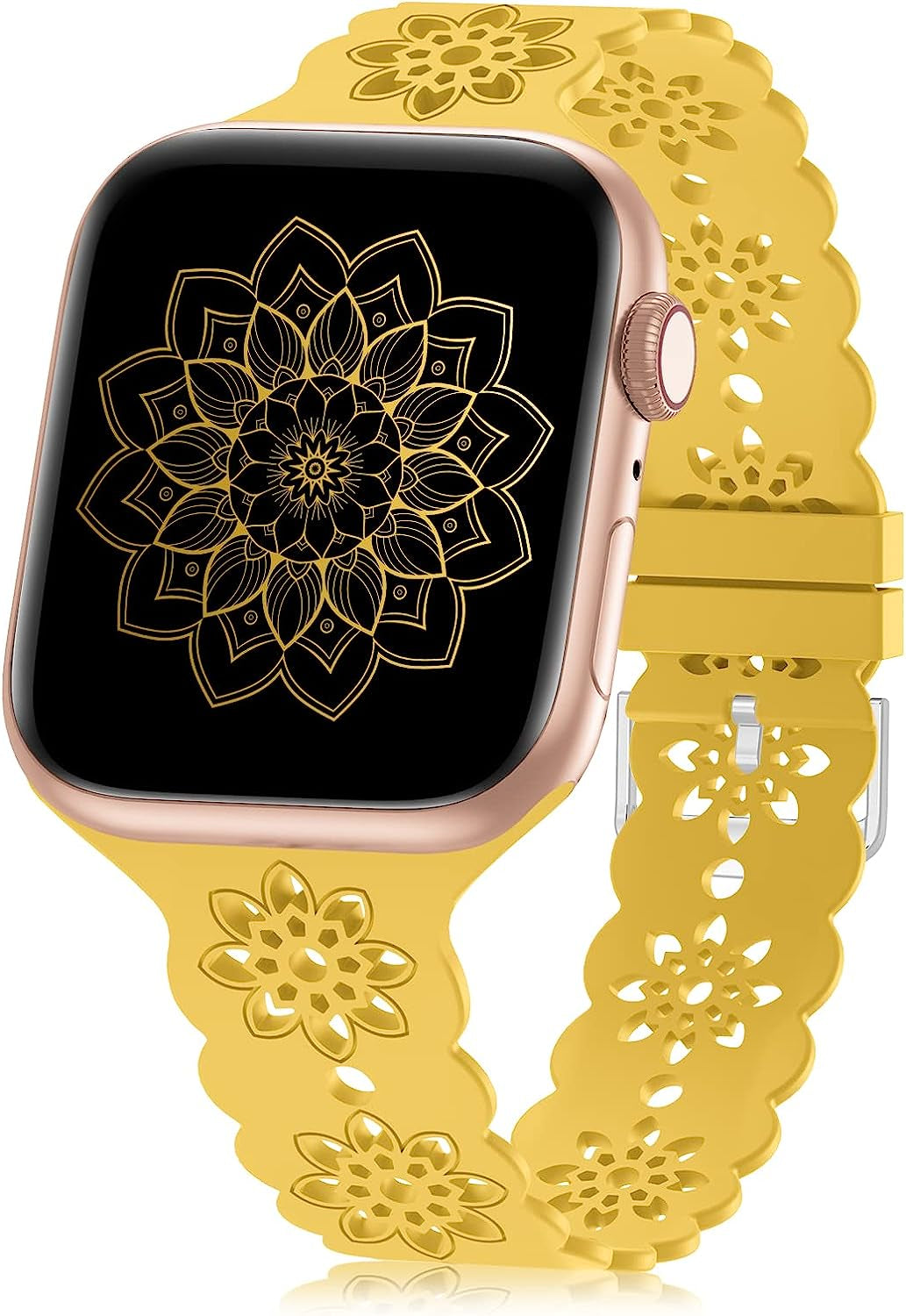 Floral Silicone Band Compatible with Apple Watch Bands 38Mm 40Mm 42Mm 44Mm 41Mm 45Mm 49Mm Women Men, Slim Hollow-Out Design Wristbands Soft Sport Breathable Watch Bands for Iwatch Ultra SE Series 8/7/6/5/4/3/2/1  Wewatri Yellow 38mm/40mm/41mm 