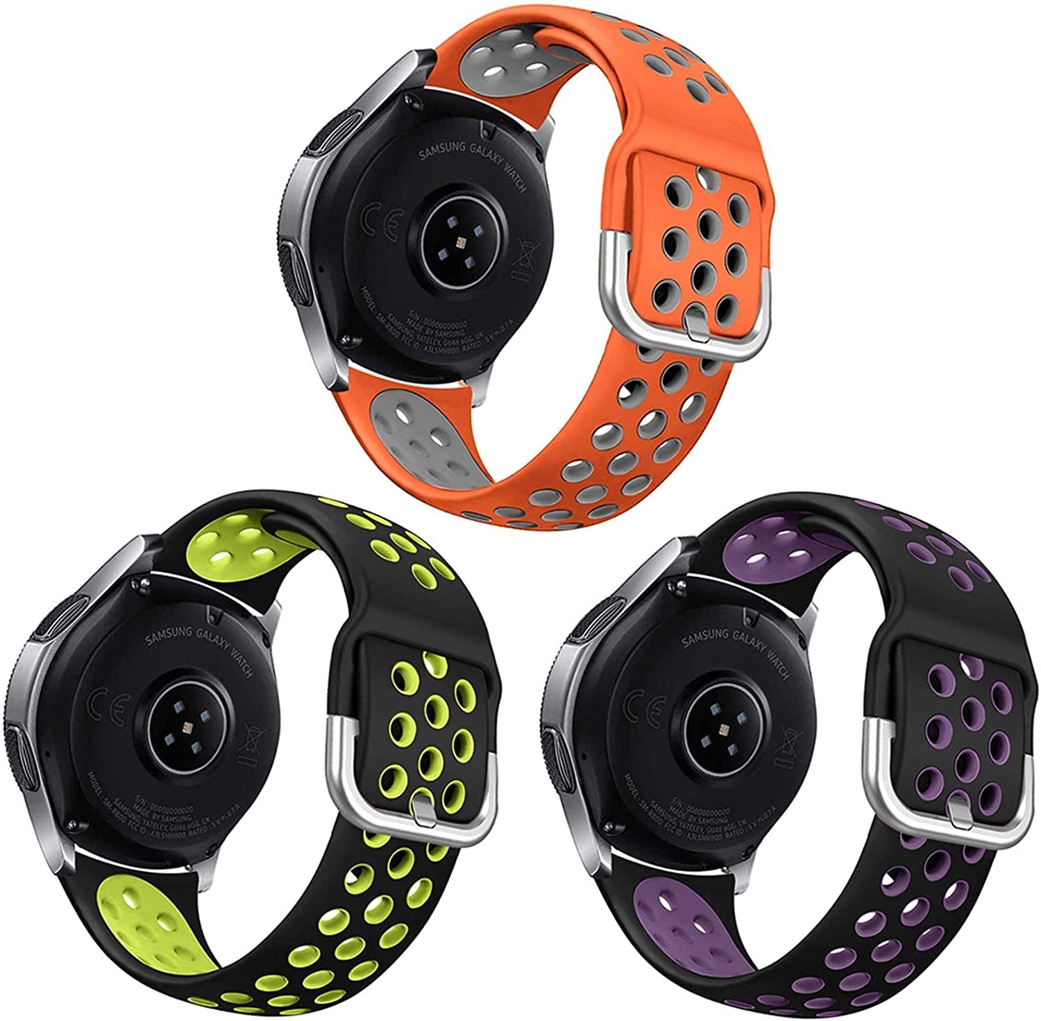 NAHAI 3 Pack Sport Bands Compatible with Samsung Galaxy Watch 46Mm/Gear S3 Frontier for Men Women, 22Mm Watch Band Silicone Quick Release Rubber Replacement Strap for Galaxy Watch 3 LTE (45Mm)  NAHAI Orange/Grey,Black/Green,Black/Purple S: 5.9"-7.6" 