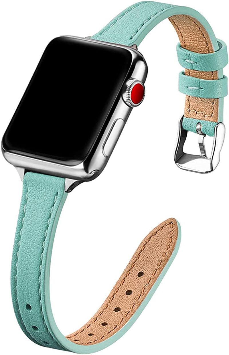 STIROLL Slim Leather Bands Compatible with Apple Watch Band 38Mm 40Mm 41Mm 42Mm 44Mm 45Mm 49Mm, Top Grain Leather Watch Thin Wristband for Iwatch Ultra SE Series 8/7/6/5/4/3/2/1  STIROLL Light Blue with Silver 38mm/40mm/41mm 