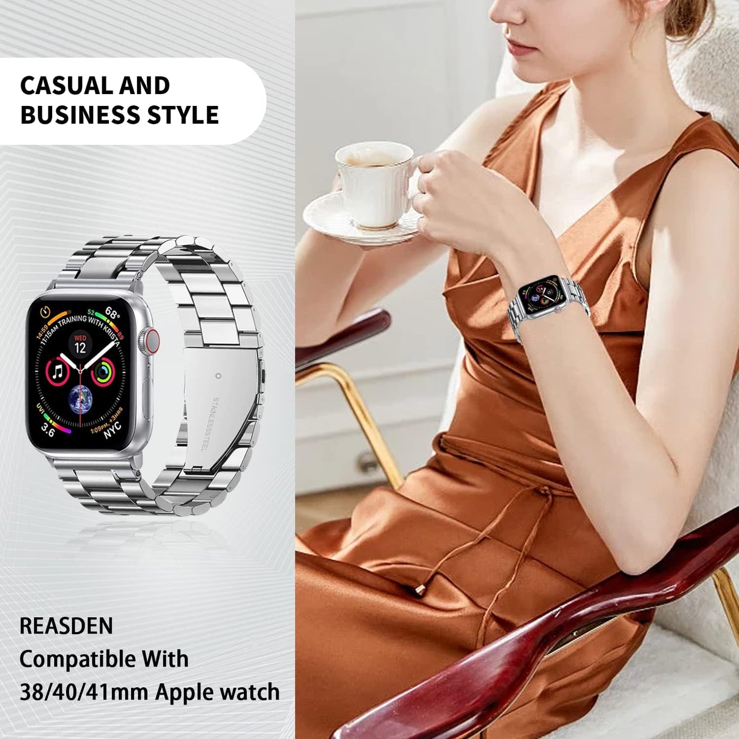 REASDEN Compatible with Apple Watch Band Iwatch Ultra Series 8/7/6/5/4/3/2/1/SE, 38/40/41/42/44/45/49Mm, Solid Stainless Steel Band Metal Business Band Man Women  REASDEN   
