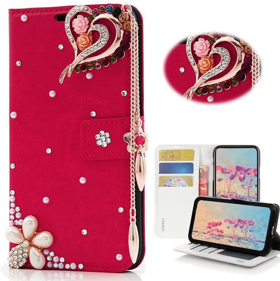 STENES LG G6 Case, LG G6 plus Case - STYLISH - 3D Handmade Bling Crystal S-Link Butterfly Floral Wallet Credit Card Slots Fold Stand Leather Cover Case for LG G6/LG G6 plus - Red  STENES Rose Heart Pendant Flowers / Red  