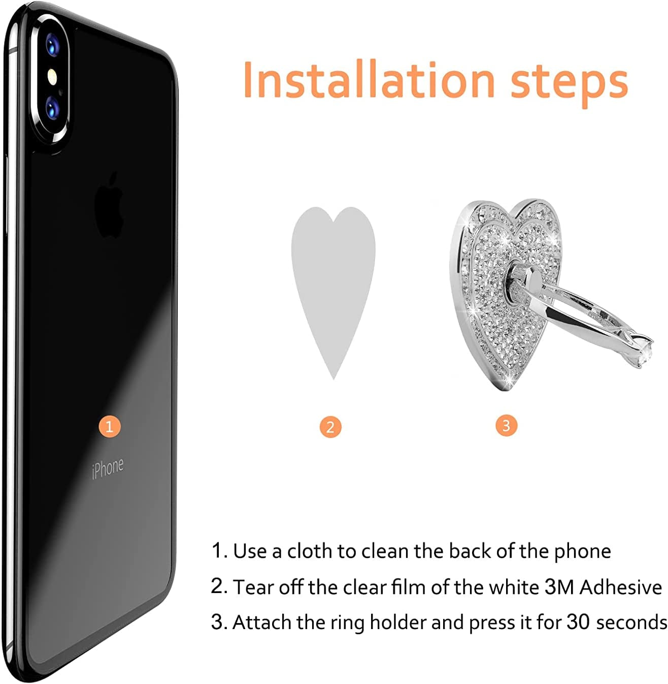 Cell Phone Finger Ring Stand with Sparkly Diamond, Nsiucion Heart Phone Ring Kickstand Holder [Washable] [Removable], 360°Rotation Zinc Alloy Ring Grip Stand for All Phones and Tablets (Silver)  Nsiucion   