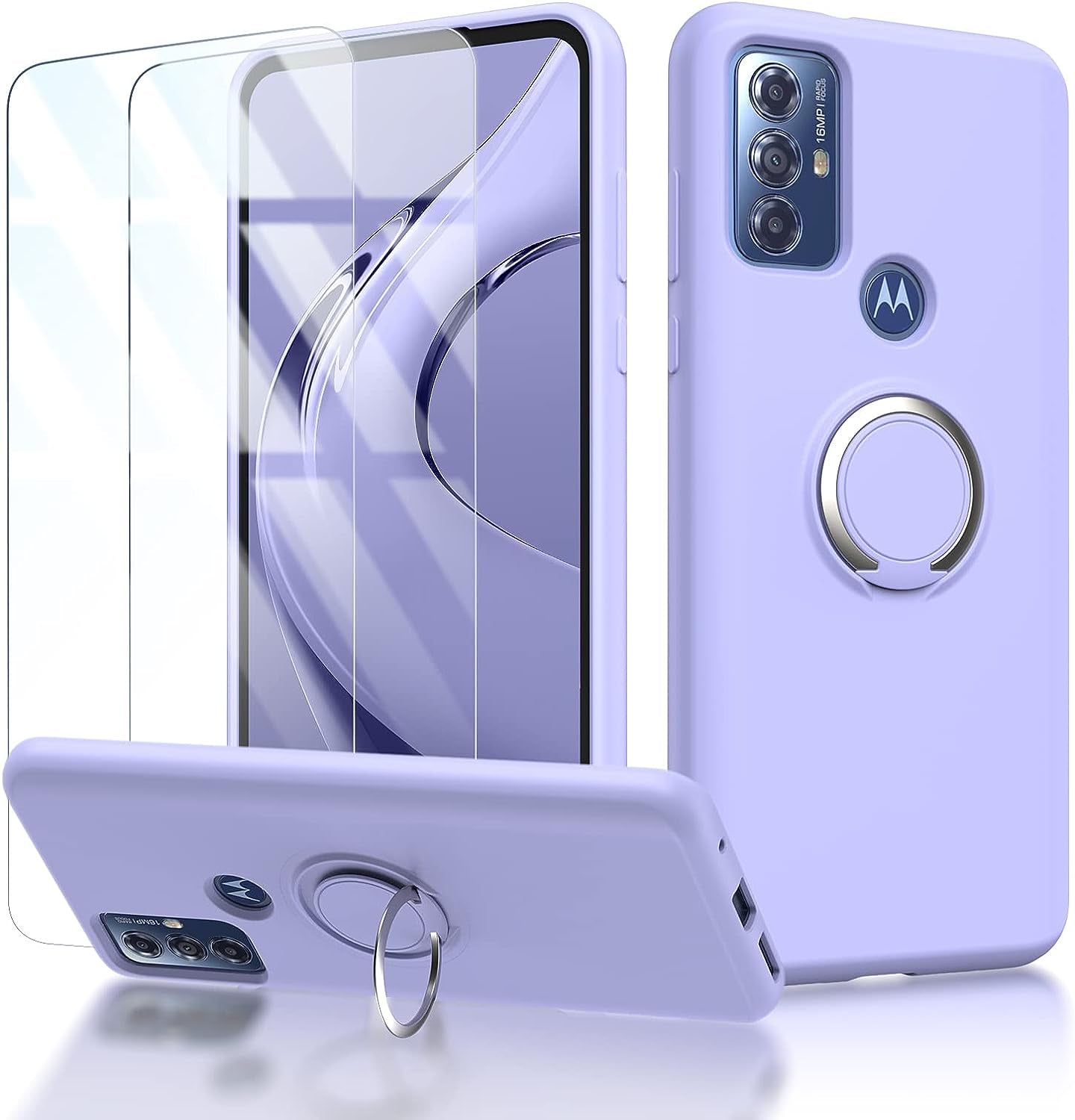 For Motorola Moto G Play 2023 | G Power 2022 | G Pure 2021 Case: with 2 Pack Tempered Screen Protector & Built in 360° Adjustable Ring Kickstand Shockproof Protection Soft TPU Silicone Phone Cover  TUNKARMOR Purple  