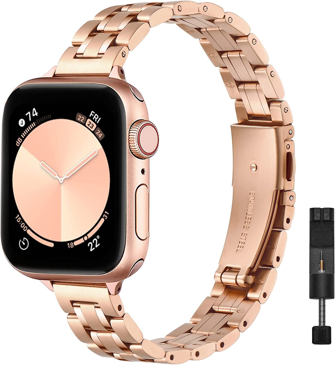STIROLL Thin Replacement Band Compatible for Apple Watch 38Mm 40Mm 41Mm 42Mm 44Mm 45Mm 49Mm, Stainless Steel Metal Wristband Women Men for Iwatch Ultra SE Series 8/7/6/5/4/3/2/1(Silver+Rose Gold)  STIROLL Rose Gold 42mm/44mm/45mm/49mm 