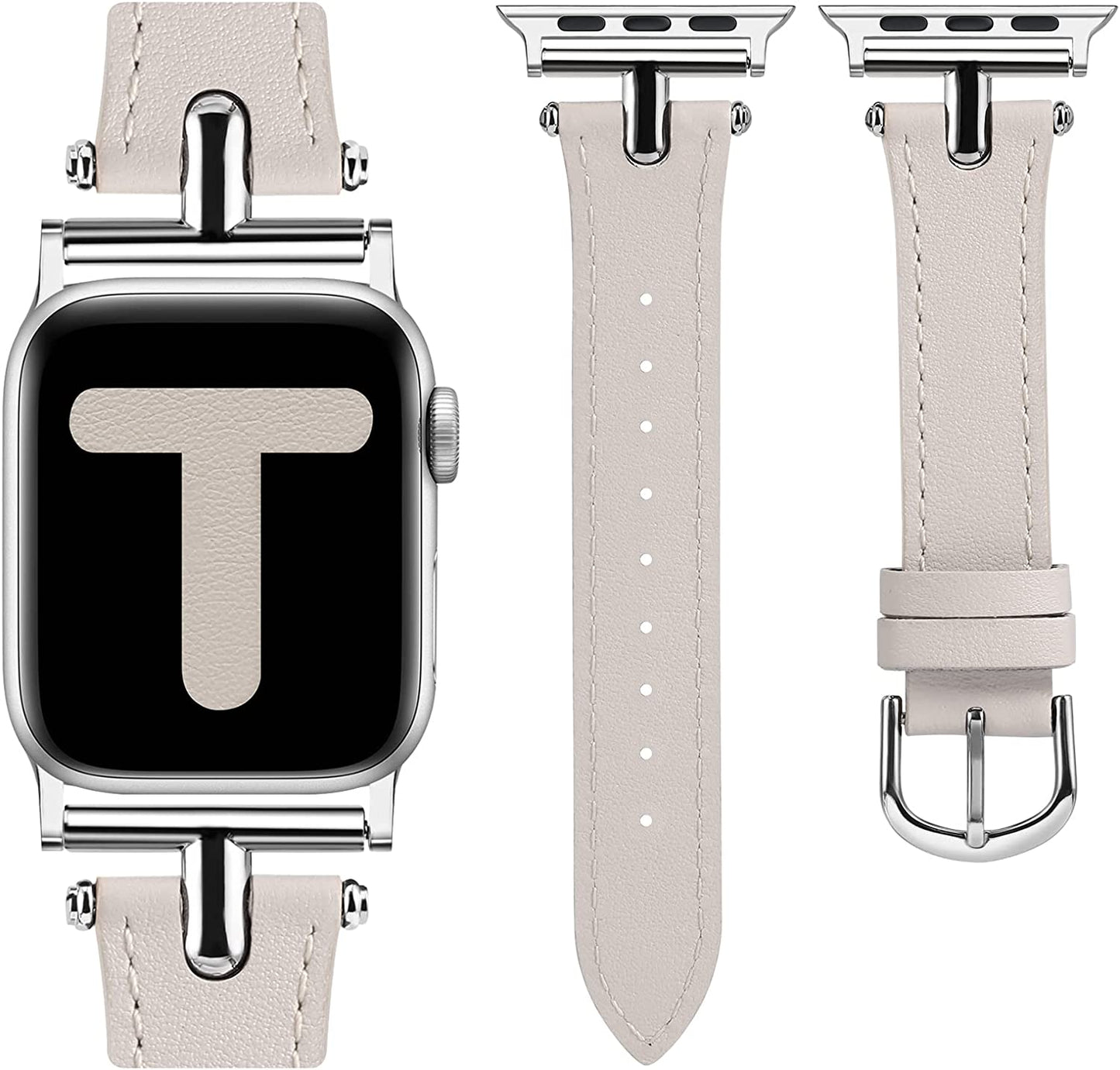 Wearlizer Leather Band Compatible with Apple Watch Band Women 38Mm 40Mm 41Mm 42Mm 44Mm 45Mm 49Mm Dressy Fashion Leather Strap with T-Shape Metal Buckle for Iwatch Bands Ultra SE Series 8 7 6 5 4 3 2 1  Wearlizer Starlight/Silver Buckle 42/44/45/49mm 