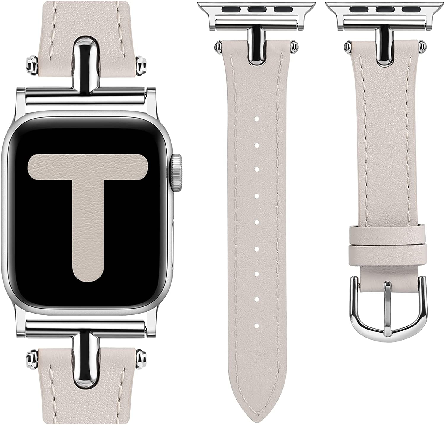 Wearlizer Leather Band Compatible with Apple Watch Band Women 38Mm 40Mm 41Mm 42Mm 44Mm 45Mm 49Mm Dressy Fashion Leather Strap with T-Shape Metal Buckle for Iwatch Bands Ultra SE Series 8 7 6 5 4 3 2 1  Wearlizer Starlight/Silver Buckle 42/44/45/49mm 