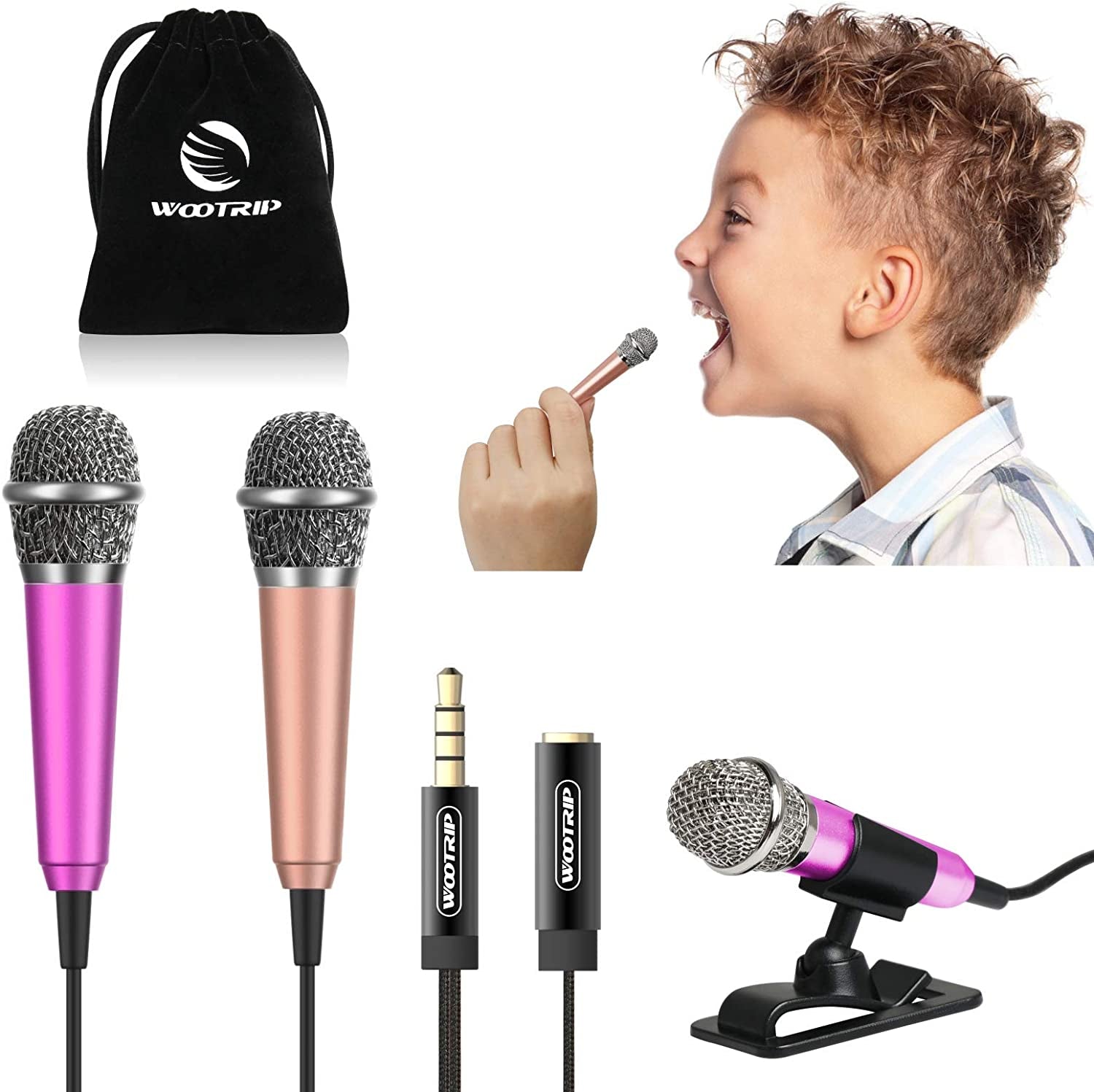 Mini Microphone, Wootrip Karaoke Tiny Microphone for Voice Recording Interview, Portable Small Singing Mic 3.5Mm Plug with Stand Suitable for Android Phone,Iphone,Ipad, Laptop (Rose Gold)  Wootrip Rose Red and Gold  