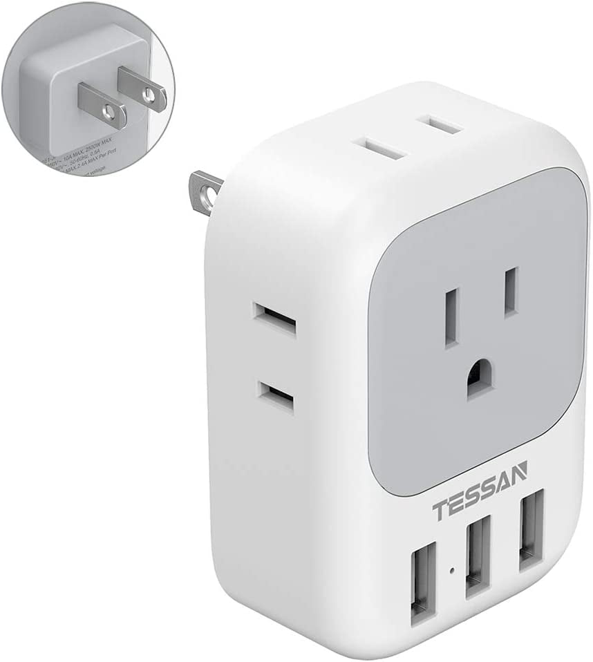 Multi Plug Outlet Extender with USB, TESSAN Electrical 4 Box Splitter 3 USB Wall Charger, Multiple Charging Station for Cruise, Travel, Office, Dorm Essentials  TESSAN Type A - 2 Prong  