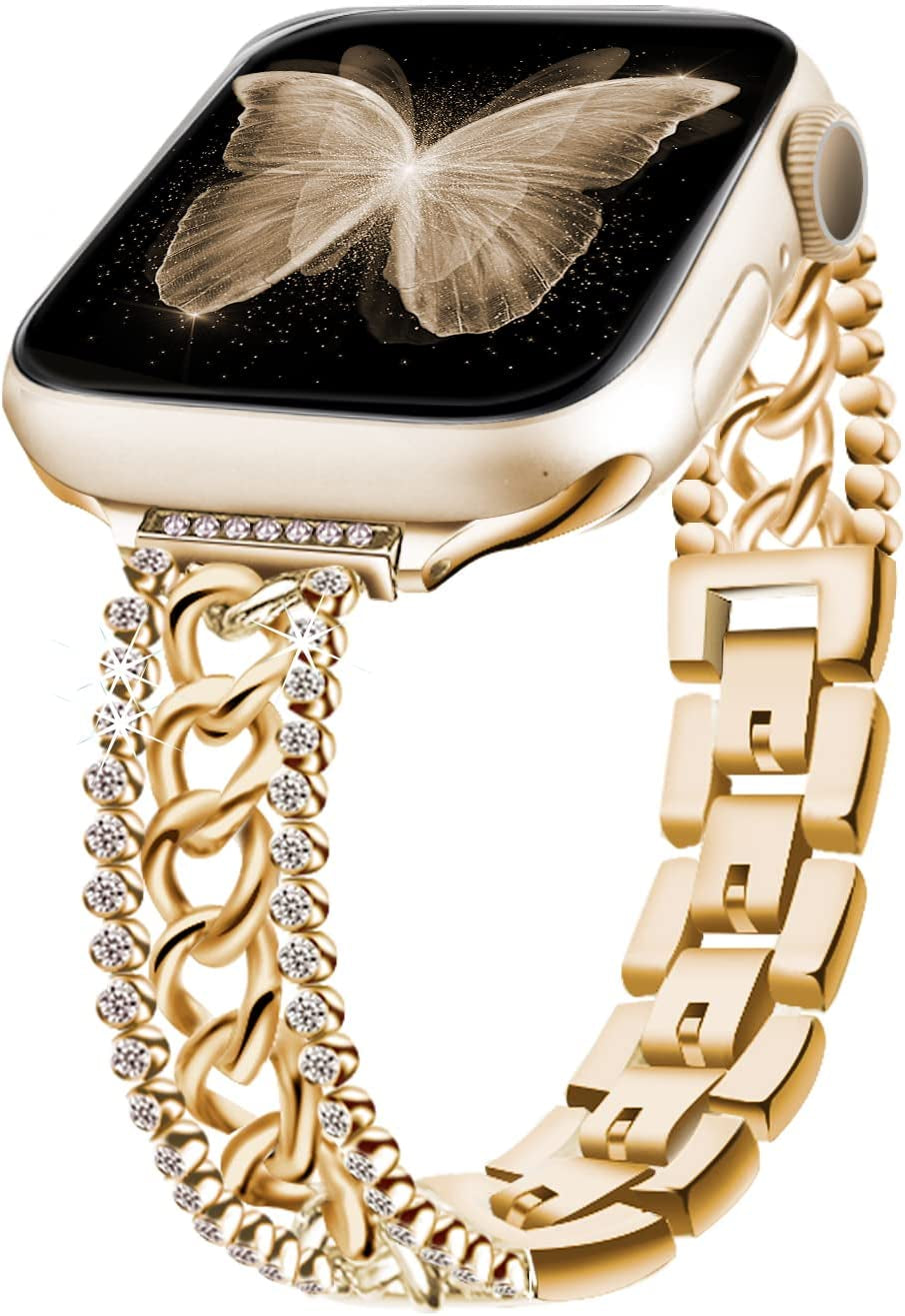 Beu1St Bling Chain Compatible with Apple Watch Band 42Mm 44 Mm 45Mm 49Mm, Women Dressy Glitter Diamond Rhinestone Stainless Steel Metal Bracelet Strap for Iwatch Series 8/7/6/5/4/3/2/1/SE Black  beu1st Gold 49/45/44/42mm(5.4-8.2inches) 