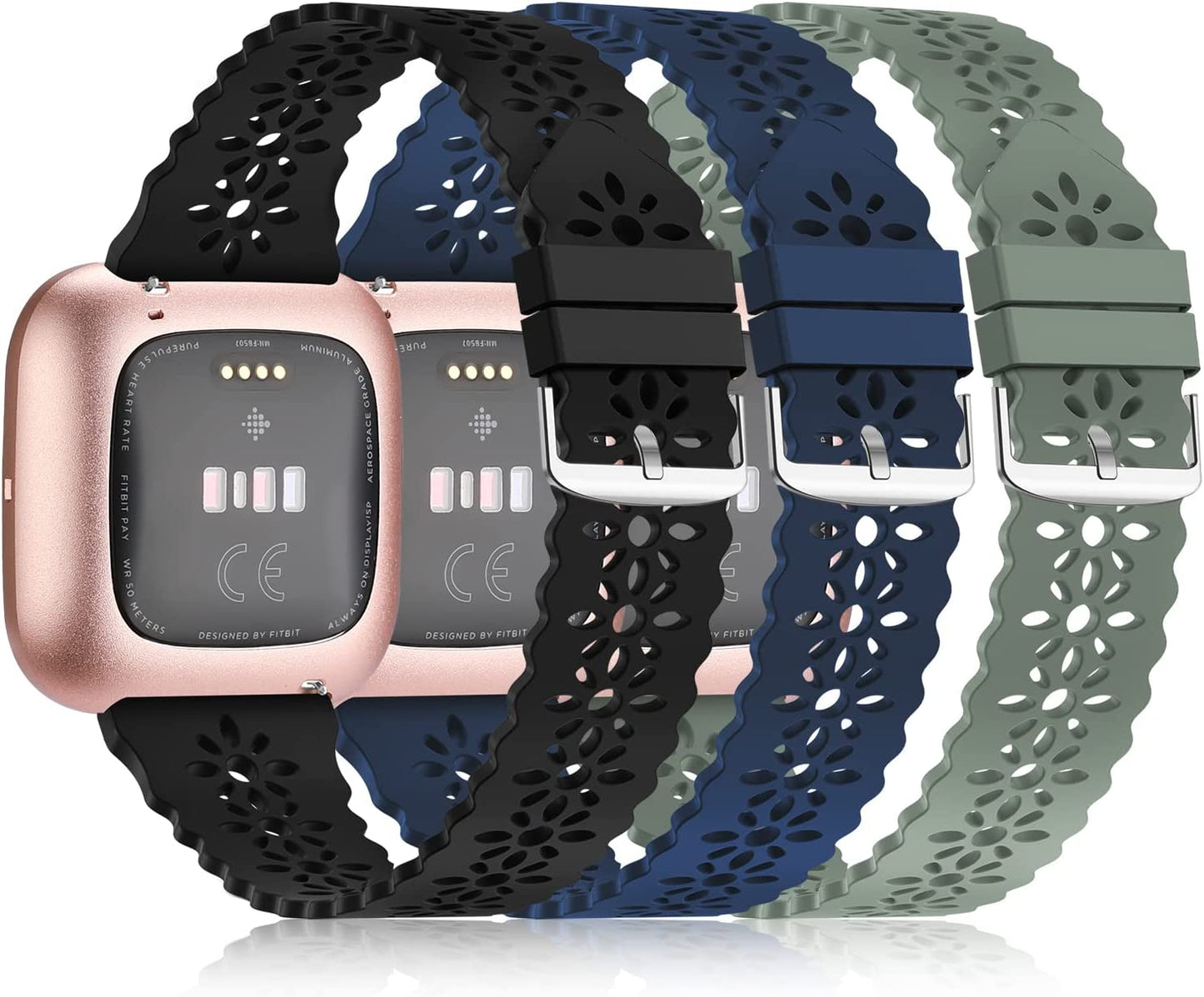 YAXIN 3 Pack Slim Sport Bands Compatible with Fitbit Versa/ Versa 2/ Versa Lite Band for Women,Soft Silicone Lace Replacement Wristbands for Smart Watch,Black/White/Pink Sand  YAXIN D-black/navy blue/pine green  