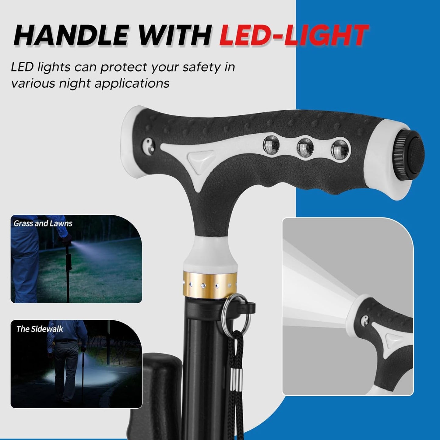 Doctor.Roo Quad Cane with LED Light, Adjustable Walking Cane with Stand Assist Handle and 4-Pronged Base, Sturdy Mobility Aid for Seniors  Doctor.Roo   