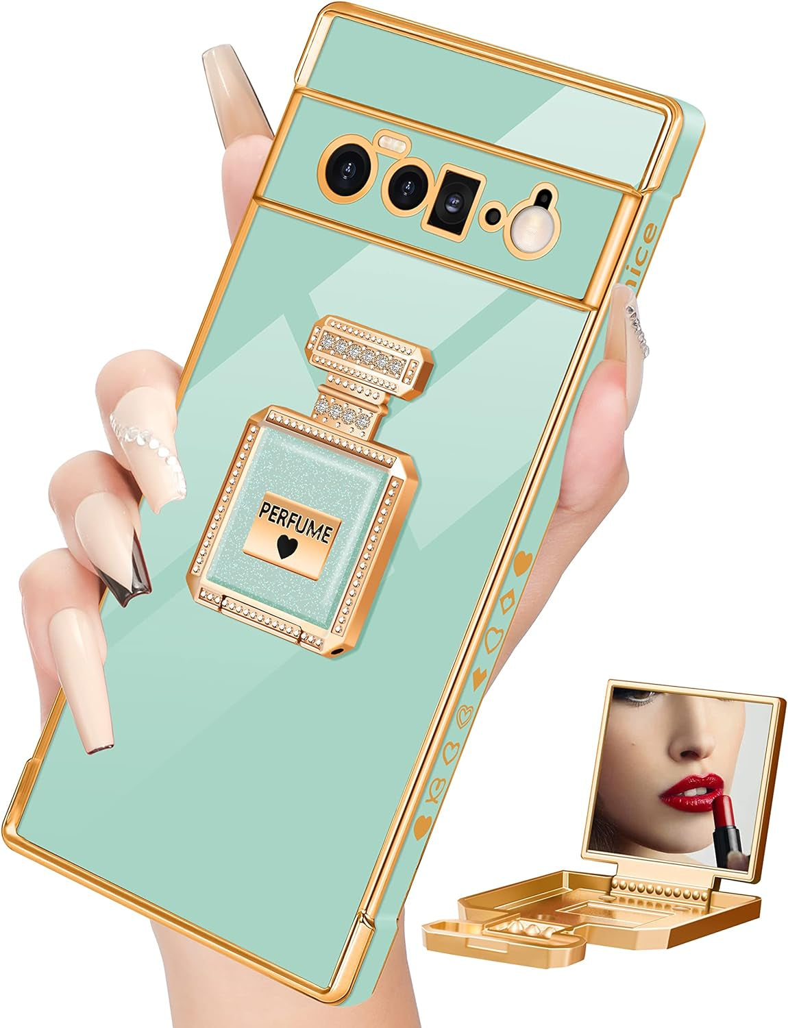 Buleens for Pixel 6 Pro Case with Metal Perfume Bottle Mirror Stand,Cute Women Girly Heart Cases for Google Pixel 6 Pro Case, Elegant Luxury Phone Cover for Pixel 6 Pro Phone Case 6.7''Sierra Blue  Buleens Light Blue For Google Pixel 6 Pro 