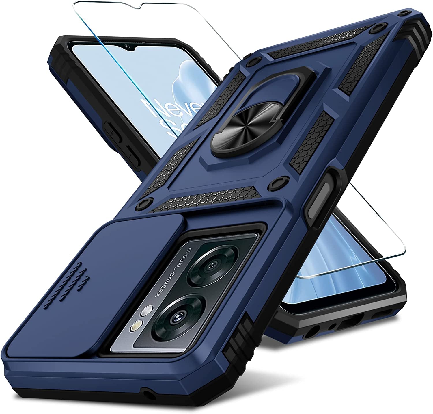 Janmitta Oneplus Nord N300 5G Case Built in Slide Camera Lens Cover and Screen Protector,Heavy Duty Shockproof Full Body Protective Phone Cover,Built in Finger Ring Stable Holder Kickstand,2022 Blue  Janmitta   