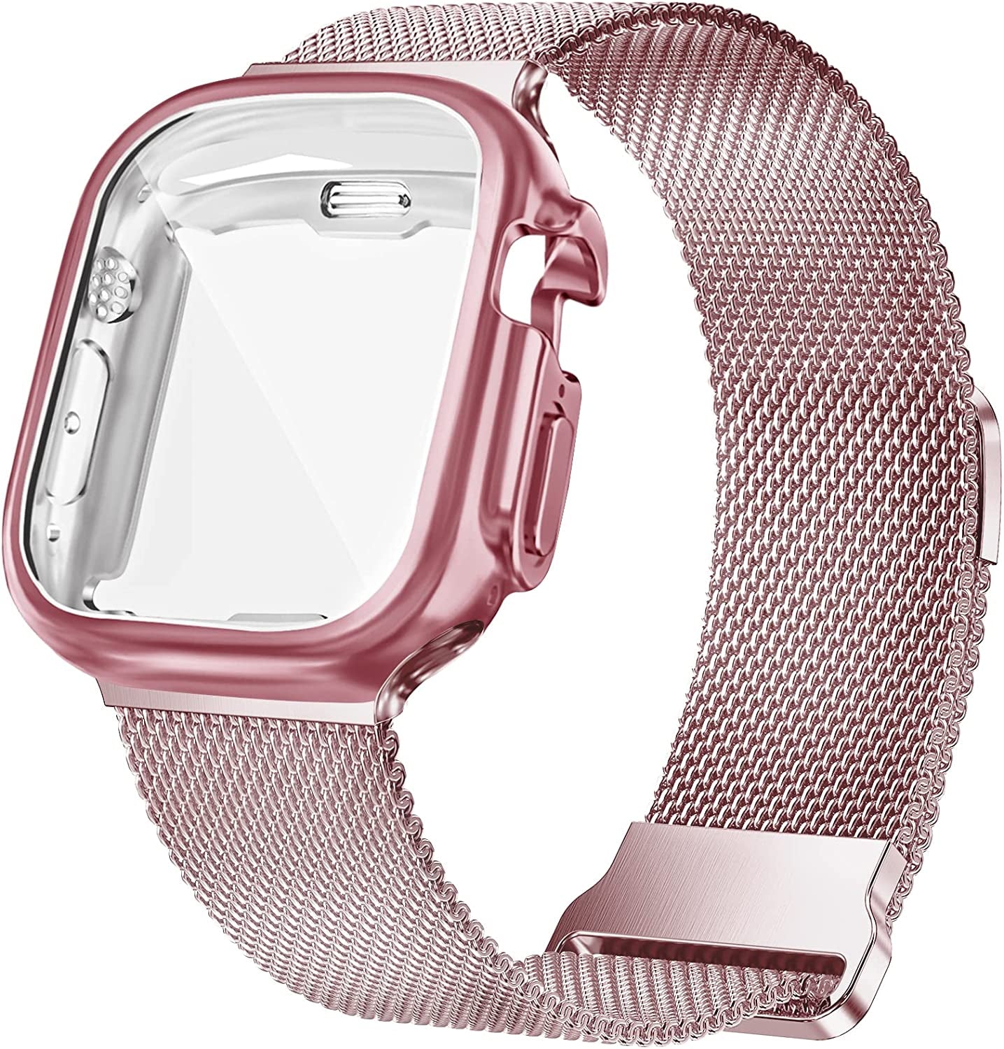 Geoumy Metal Magnetic Bands Compatible for Apple Watch Band 45Mm with Case, Stainless Steel Milanese Mesh Loop Replacement Strap Compatible with Iwatch Series 8/7/6/5/4/3/2/1 SE Women Men,Starlight  Geoumy Rose Pink Ultra 49mm 