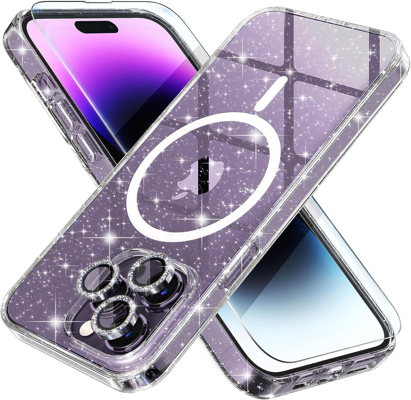 Choiche Compatible for Iphone 14 Pro Max Case Cute, Women Clear Glitter Bling Sparkly Case, [3 X Diamond Camera Lens Protectors] [2 X Tempered Glass Screen Protectors] 6.7-Inch (Glitter Clear)  Choiche Glitter Clear-Magnetic Iphone 14 Pro Max 