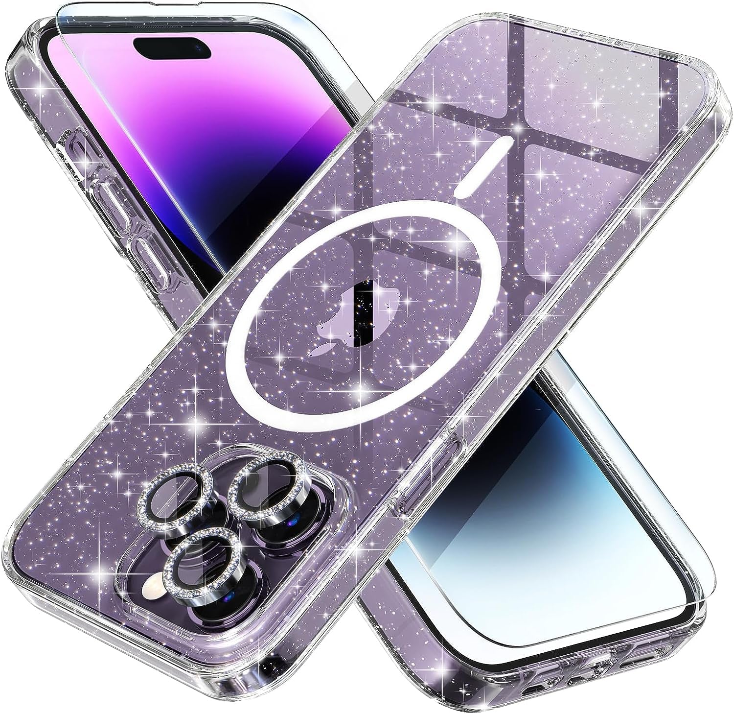 Choiche Compatible for Iphone 14 Pro Max Case Cute, Women Clear Glitter Bling Sparkly Case, [3 X Diamond Camera Lens Protectors] [2 X Tempered Glass Screen Protectors] 6.7-Inch (Glitter Clear)  Choiche Glitter Clear-Magnetic Iphone 14 Pro Max 