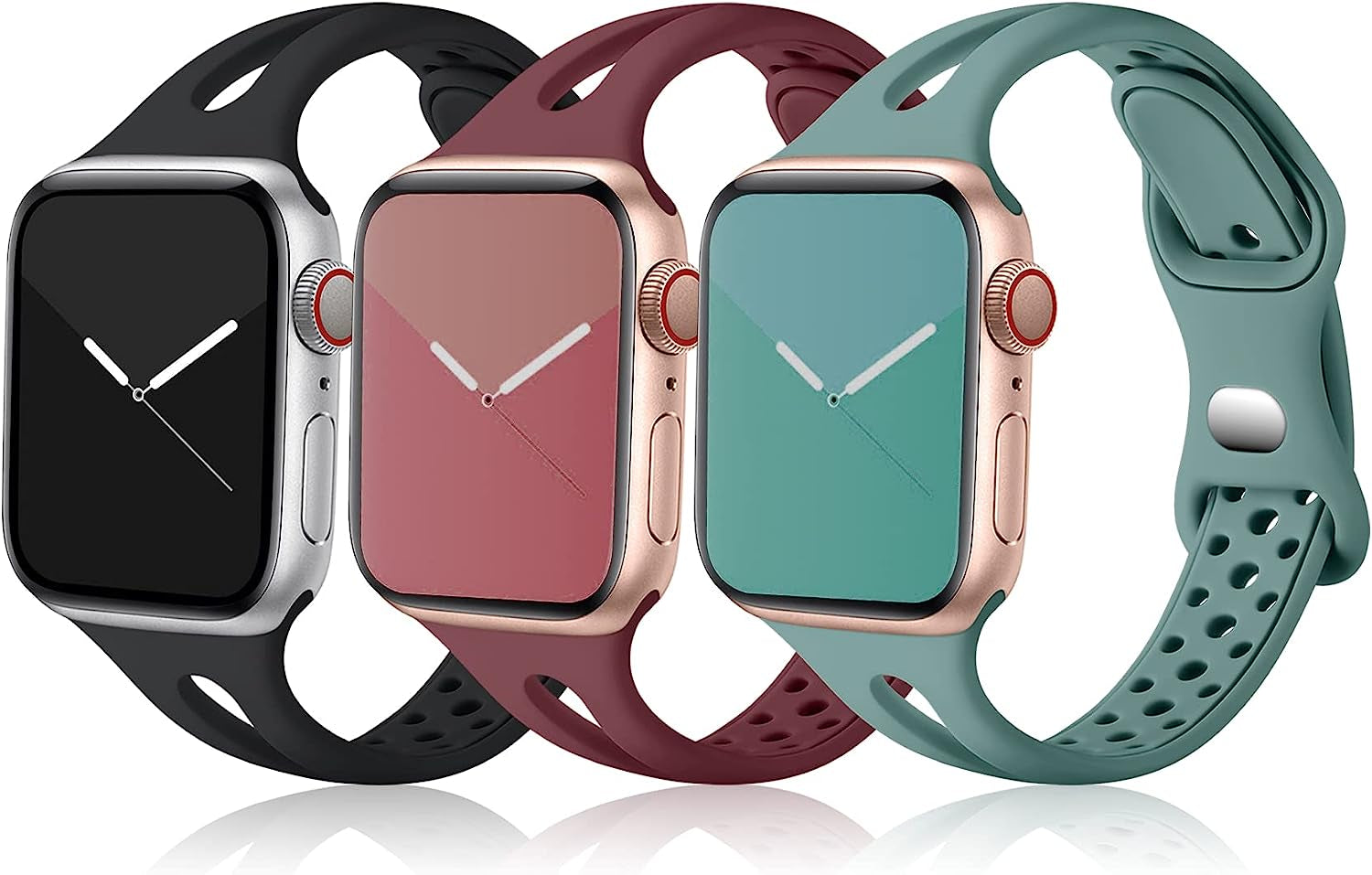 Ouwegaga Compatible with Apple Watch Band 38Mm 40Mm 41Mm 42Mm 44Mm 45Mm, Soft Silicone Slim Sport Breathable Holes Iwatch Bands Replacement Wristband for Iwatch SE & Series 7 6 5 4 3 2 1 for Women Men  Ouwegaga Black/Pine Green/Red 38mm/40mm/41mm 