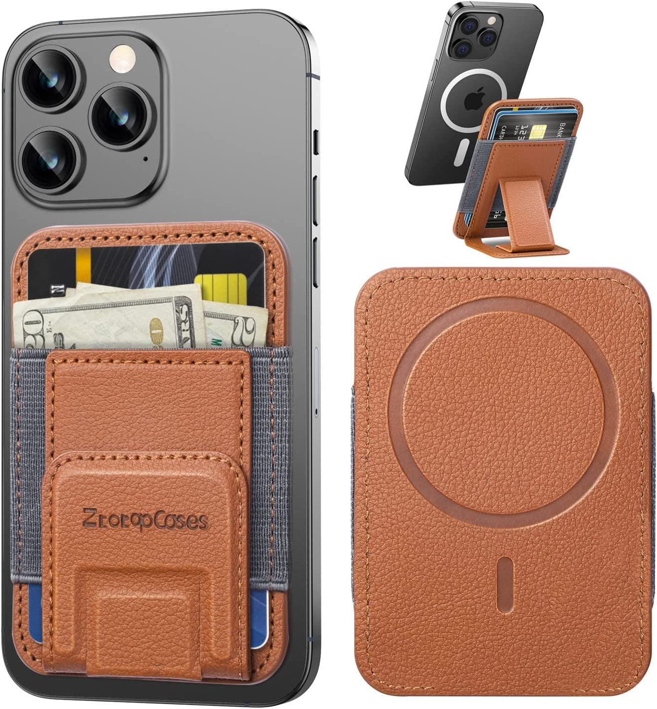 Ztotopcases Leather Magnetic Wallet Stand with Magsafe and Adjustable Stand Card Holder for Iphone 14/14 Plus/14 Pro Max and 13/12 Series, Fit 5 Cards, Not for 14 Pro/13 Pro/13 Mini/12 Mini, Black  ZtotopCases Brown  