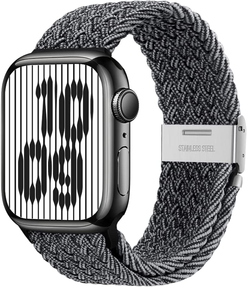 Qimela Compatible with Apple Watch Band 49Mm 45Mm 44Mm 42Mm,Stretchy Sport Solo Loop Strap with Adjustable Buckle,Elastic Nylon Braided Wristband for Iwatch Series 8 7 6 SE 5 4 3 2 1 Ultra,Women Men  FS-TECH Grey-White 38mm/40mm/41mm 