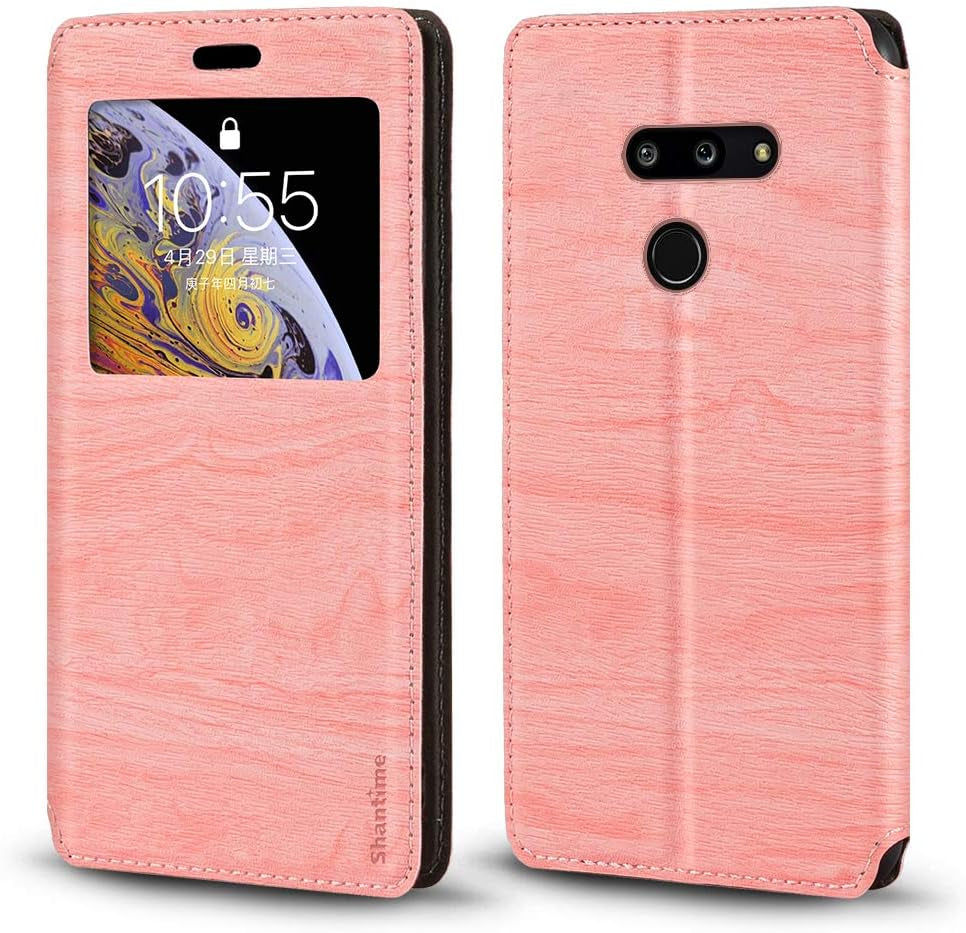 Shantime LG G8 Thinq Case, Wood Grain Leather Case with Card Holder and Window, Magnetic Flip Cover for LG G8 Thinq Gold  Shantime Pink  