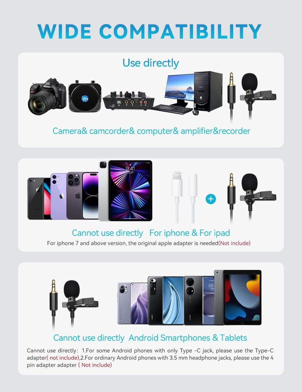 HUACAM Lavalier Lapel Microphone, Portable Collar Clip Mic Compatible with Iphone Android Smartphone Amplifier Podcast Pc/Laptop, Hands Free Mic Recording Mic for Youtube,Interview,Video (3 Packs)  HUACAM   