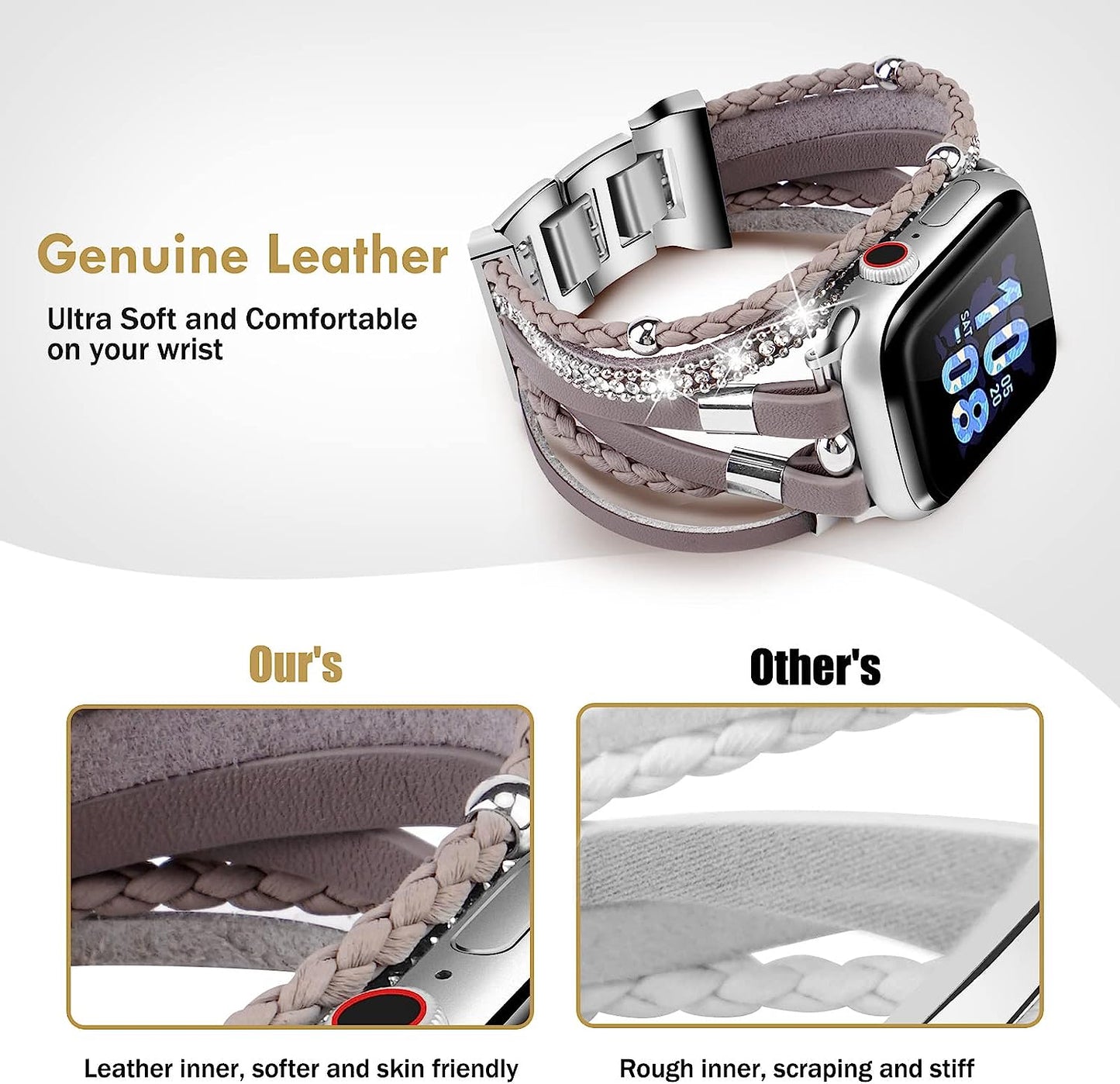 ACEDAX Bracelet Work with Apple Watch Band 44/45Mm, Boho Chic Leather Strap for Apple Watch Ultra Band 49Mm with Silver Metal Buckle,Multilayer Wrap Jewelry for Iwatch Series 8 7 6 SE 5 4 3 Gray Women  ACEDAX   