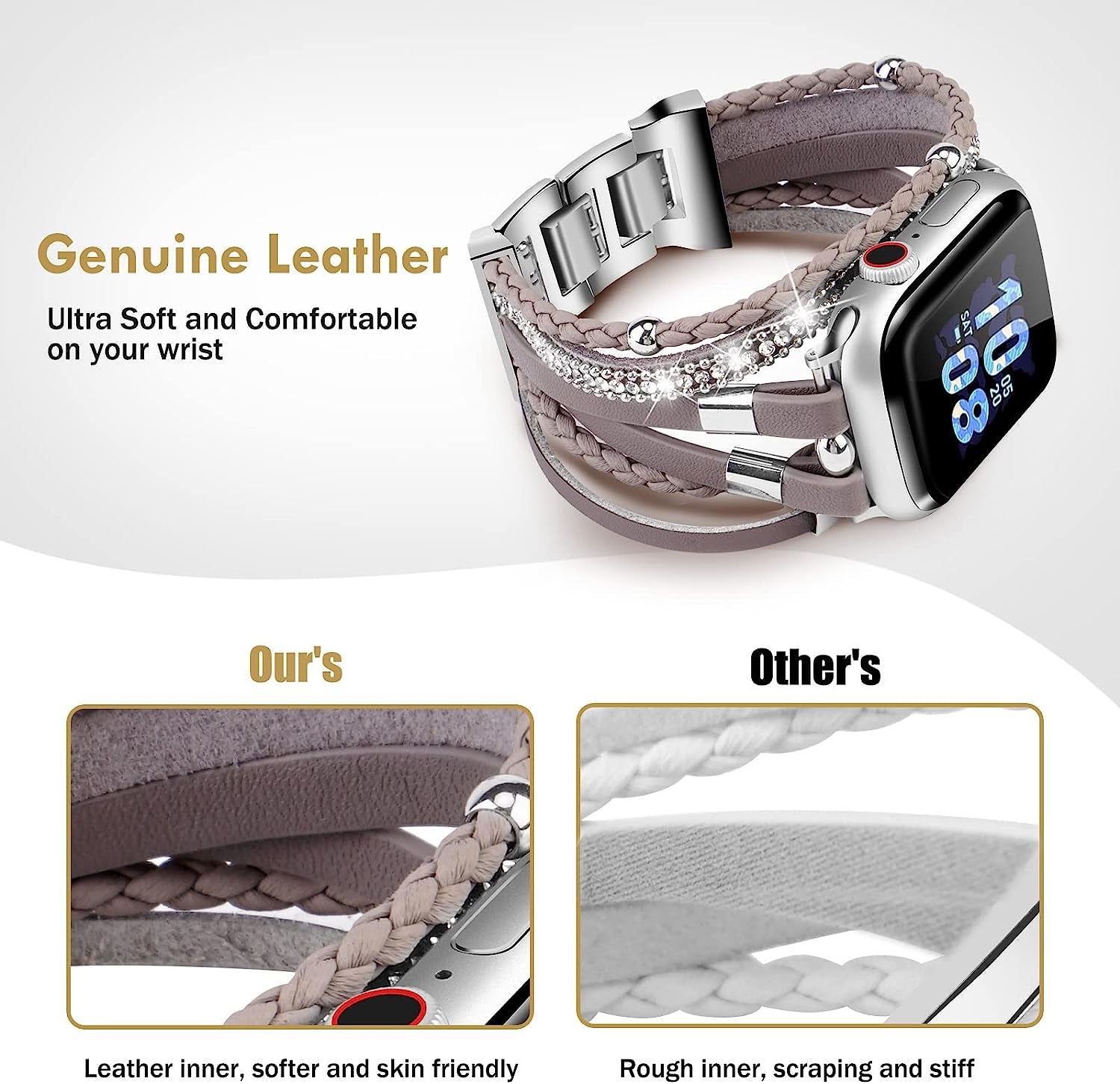 ACEDAX Bracelet Work with Apple Watch Band 44/45Mm, Boho Chic Leather Strap for Apple Watch Ultra Band 49Mm with Silver Metal Buckle,Multilayer Wrap Jewelry for Iwatch Series 8 7 6 SE 5 4 3 Gray Women  ACEDAX   